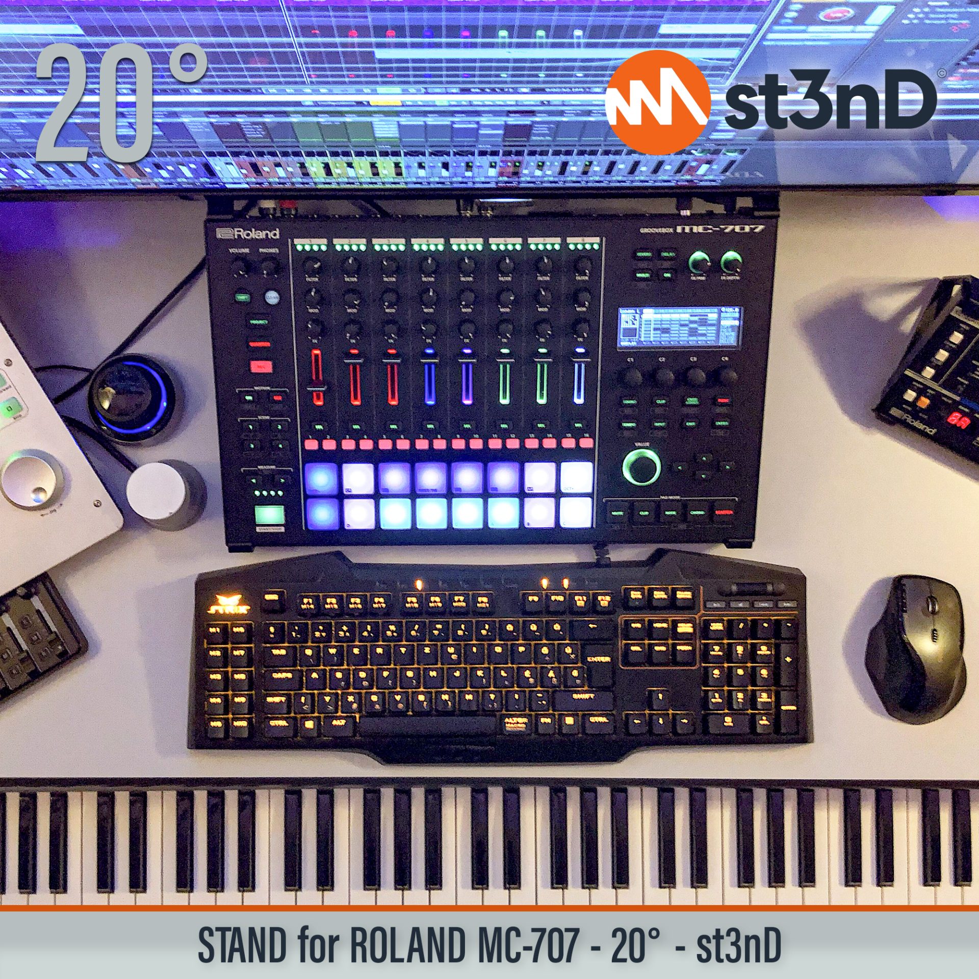 aira controller drum machine Mc 707 portable roland roland mc 707 sequencer st3nD stand studio equipment sturdy tilted roland drum machine