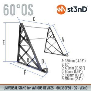 With dimensions of the st3nD universal 3D printed stand for Synths / Controllers / FX, 60 degree, open style, 60L380F50