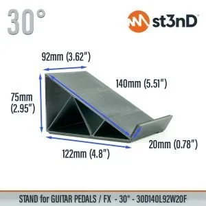With dimensions of the st3nD 3D printed stand for Guitar Pedals / FX, 30 degree, 30d140l92w20f