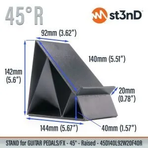 With dimensions of the st3nD 3D printed stand for Guitar Pedals FX, 45 degree, raised, 45d140l92w20f40r