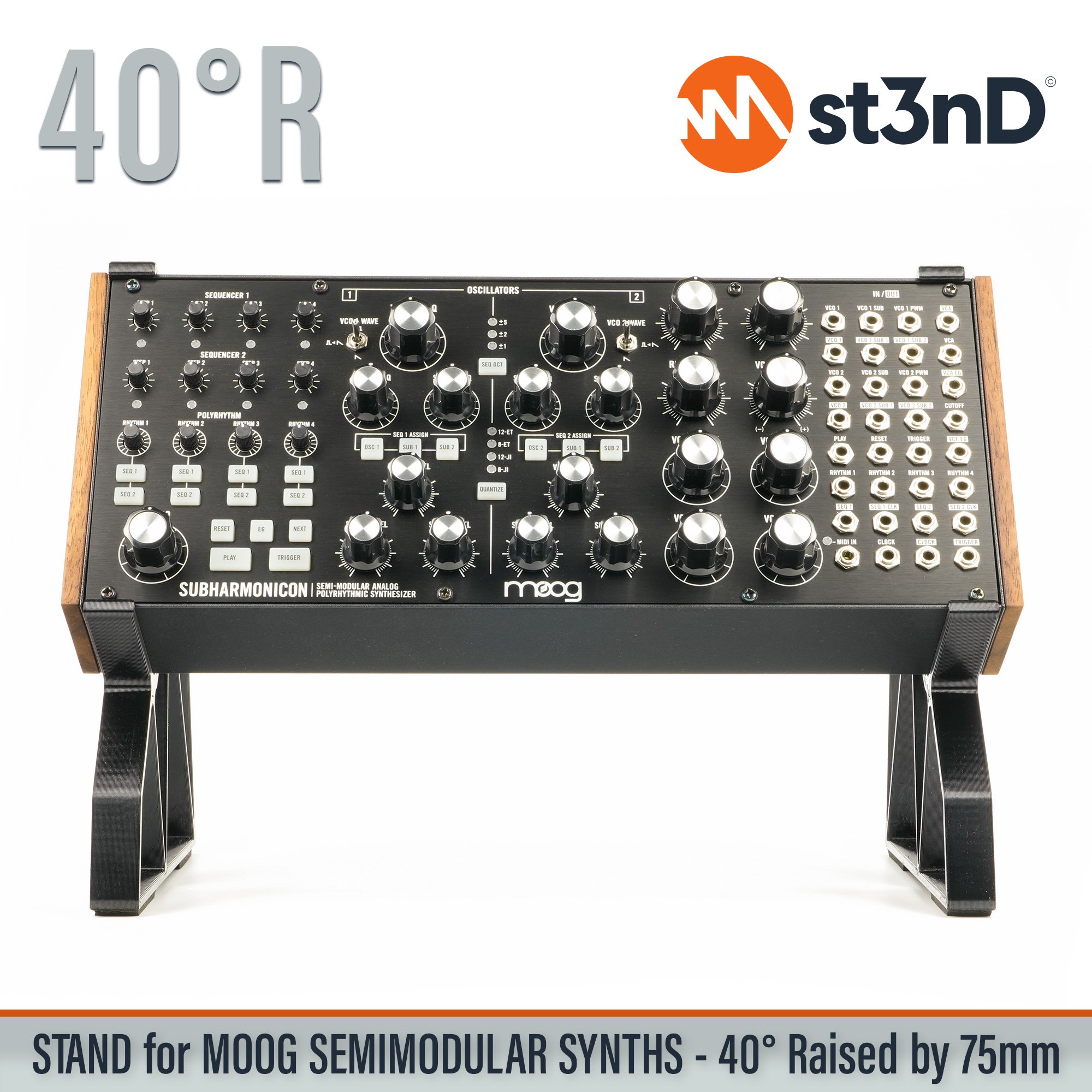 analog synth Dfam Mother 32 MOOG moog doube stand two tier stand Moog SemiModular Mother 32 Moog Dfam portable semi modular Spectravox st3nD stable stand strong sturdy Subharmonicon tilted