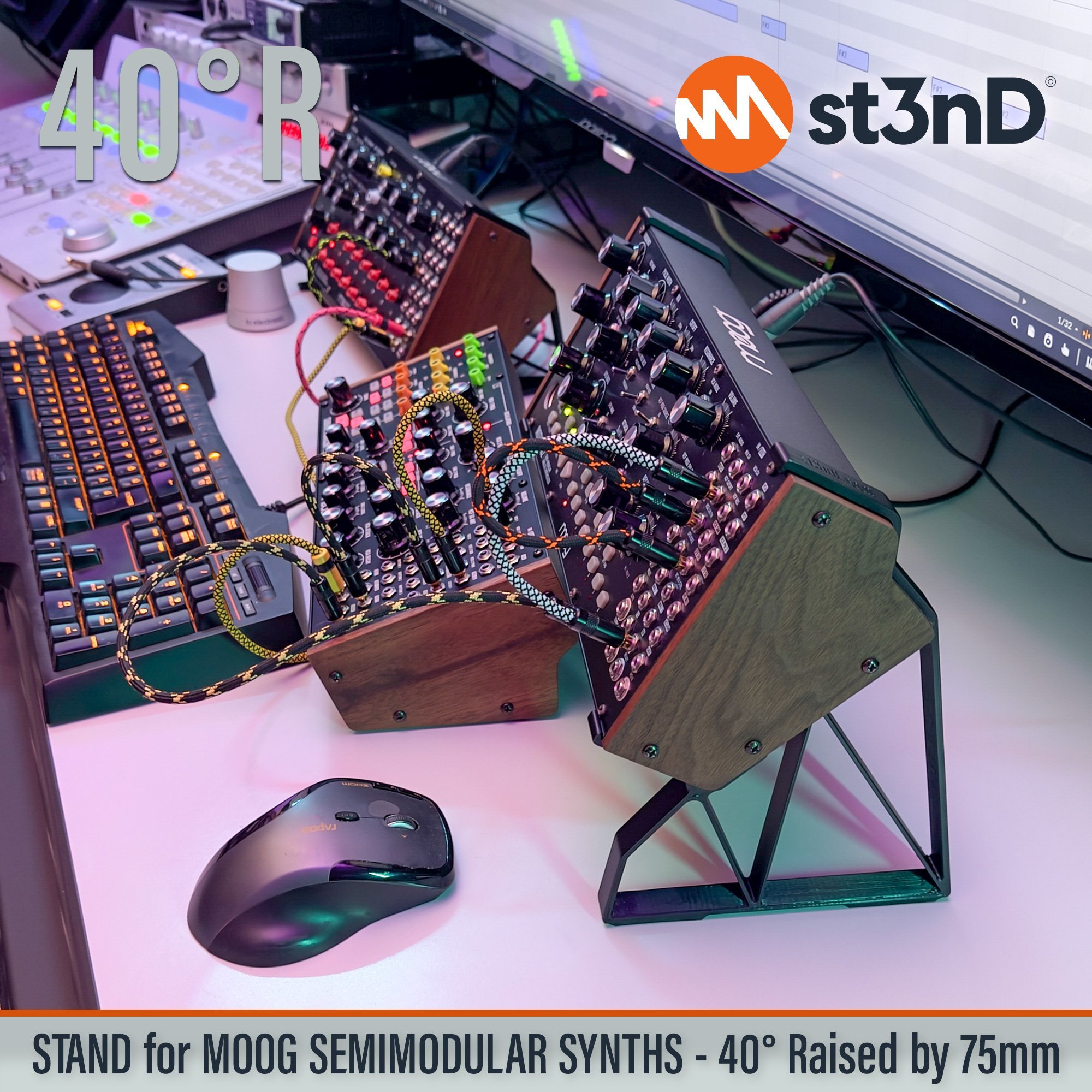 analog synth Dfam Mother 32 MOOG moog doube stand two tier stand Moog SemiModular Mother 32 Moog Dfam portable semi modular Spectravox st3nD stable stand strong sturdy Subharmonicon tilted