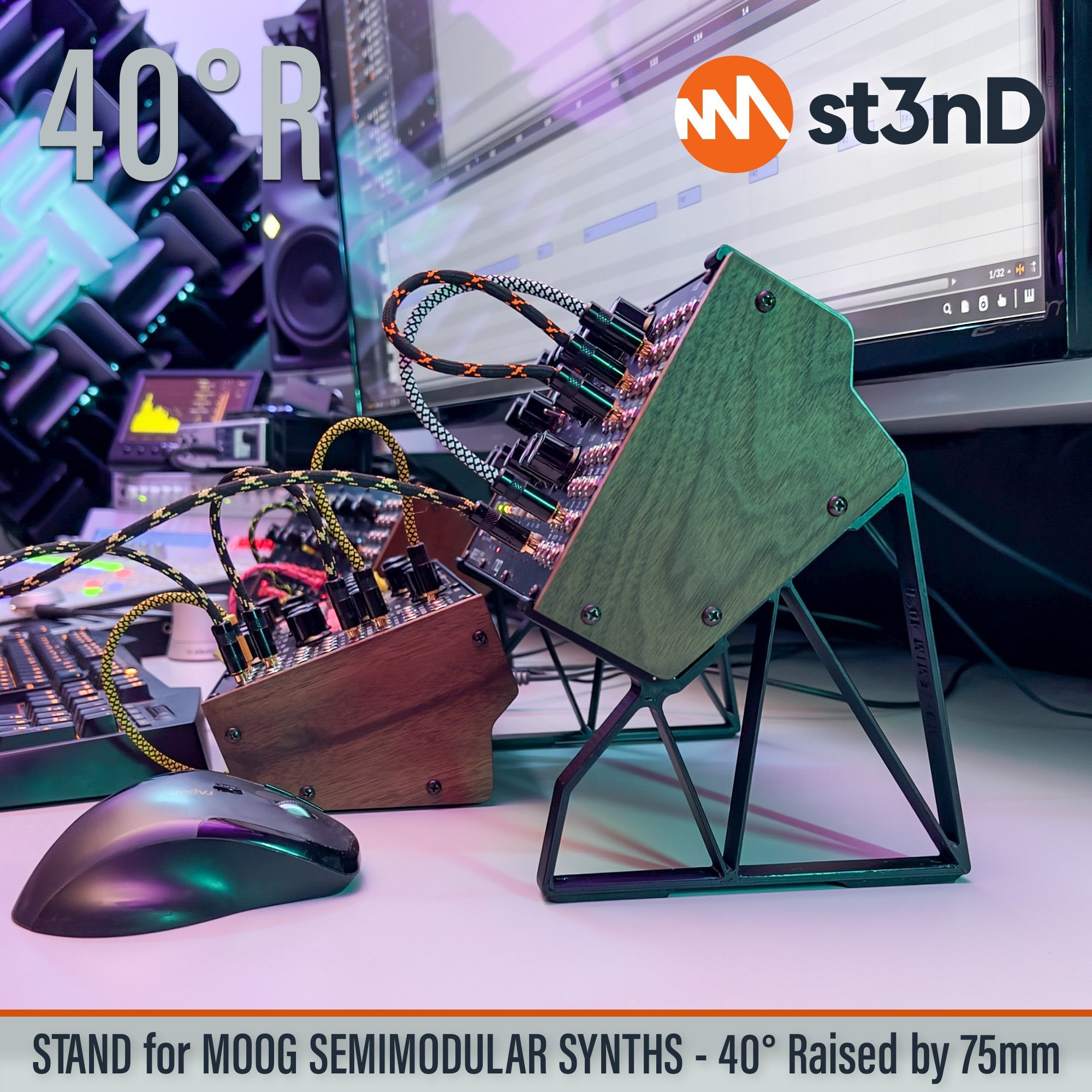 Moog semi-modular on a st3nD 40° stand raised by 75 mm for two-tier studio layouts