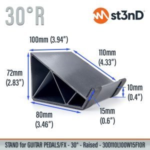 With dimensions of the st3nD 3D printed stand for Guitar Pedals / FX, 30 degree R, 30d110l100w15f10r (Strymon BlueSky / Eventide Blackhole)