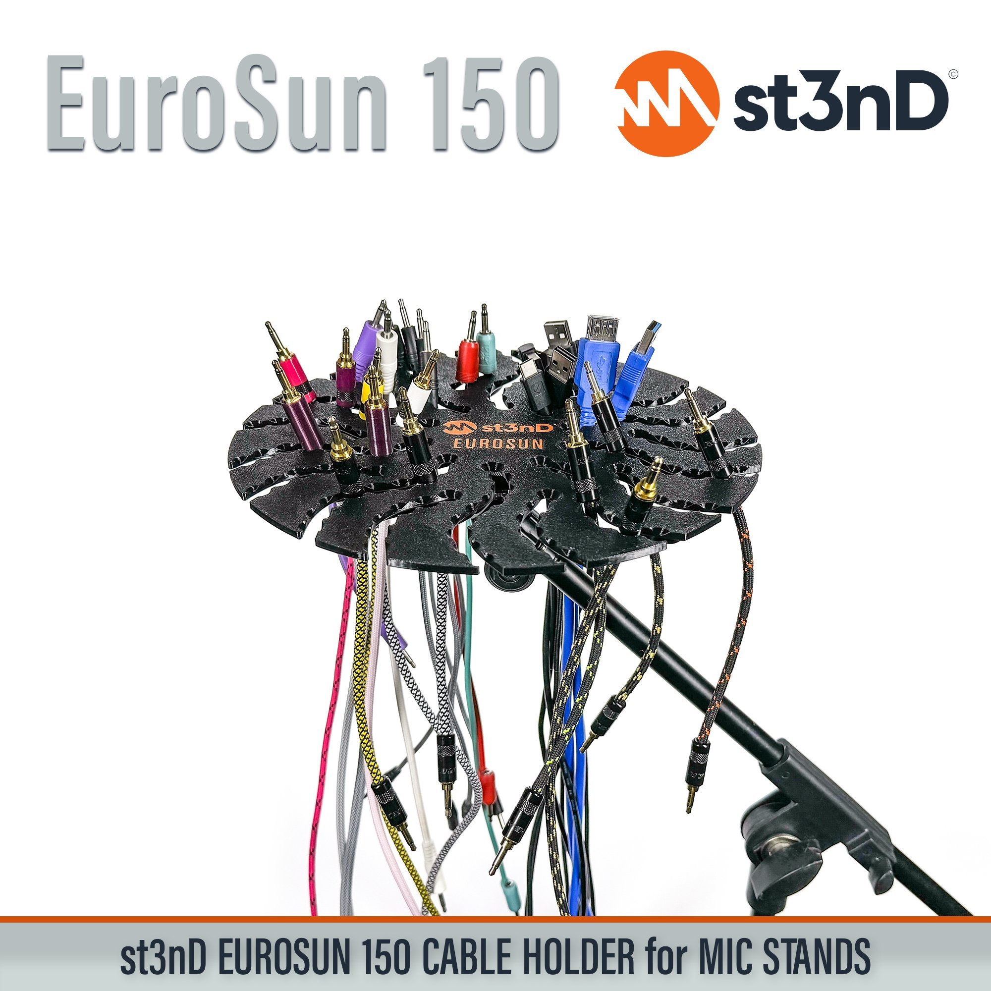 st3nD strong synth accessories portable EuroSun EuroSun 150 cable holder eurorack patch cables patch cable holder audio cable holder midi cable holder eurorack synth accessories Micro USB Mini USB USB-A USB-B USB-C cables Microphone cables Audio and adapter cables st3nD EuroSun TR and TRS cables Microphone Stand