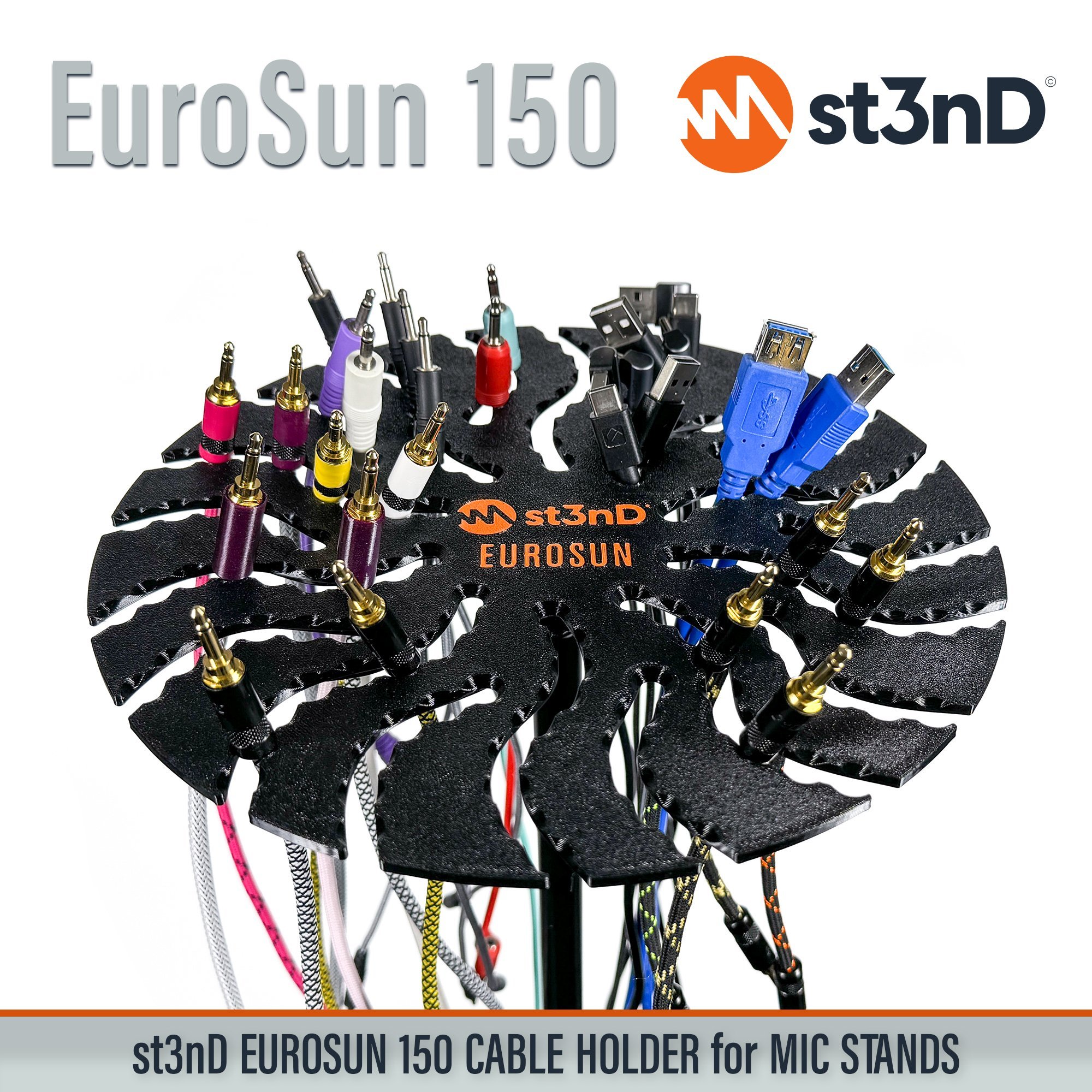 st3nD strong synth accessories portable EuroSun EuroSun 150 cable holder eurorack patch cables patch cable holder audio cable holder midi cable holder eurorack synth accessories Micro USB Mini USB USB-A USB-B USB-C cables Microphone cables Audio and adapter cables st3nD EuroSun TR and TRS cables Microphone Stand
