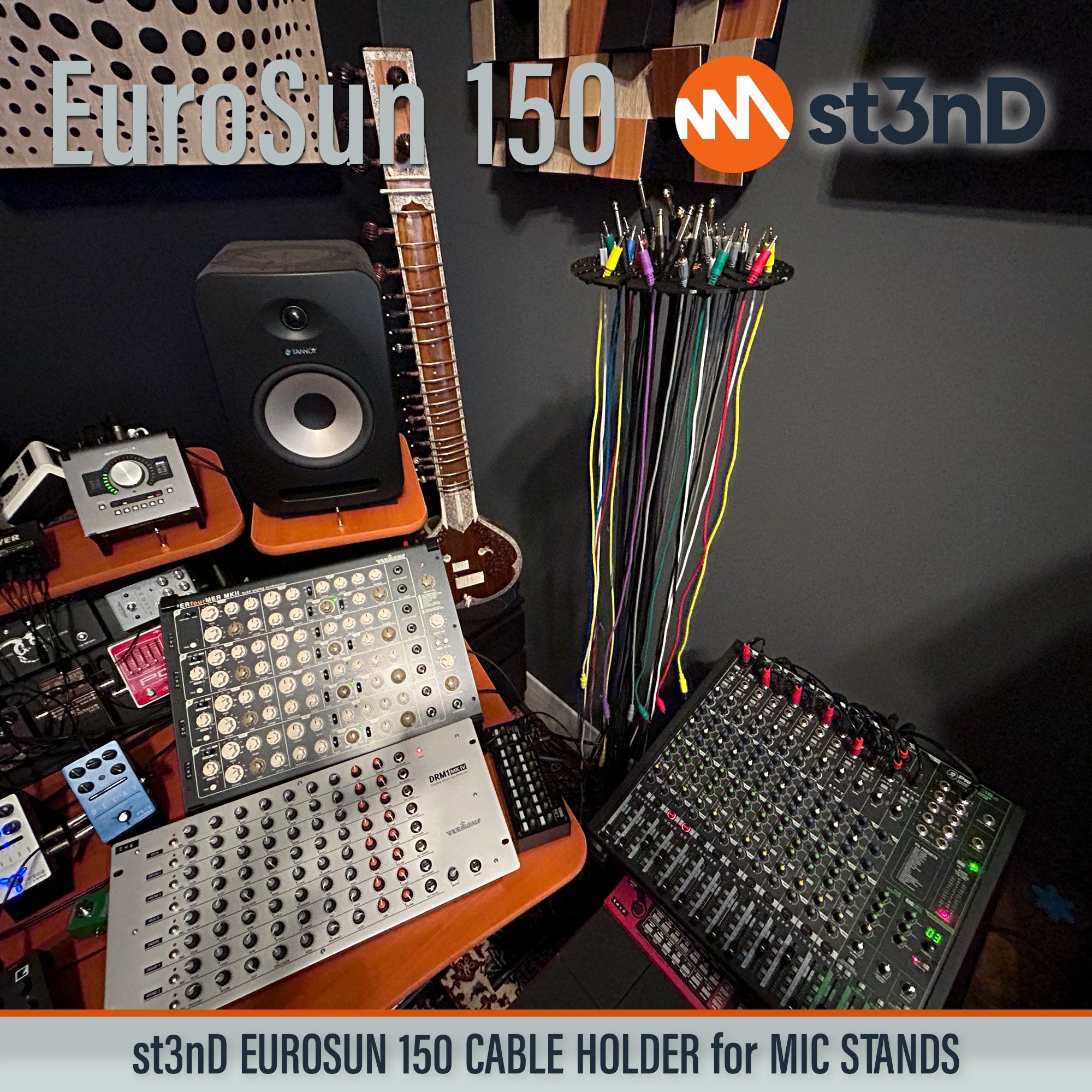st3nD strong synth accessories portable EuroSun EuroSun 150 cable holder eurorack patch cables patch cable holder audio cable holder midi cable holder eurorack synth accessories Micro USB Mini USB USB-A USB-B USB-C cables Microphone cables Audio and adapter cables st3nD EuroSun TR and TRS cables Microphone Stand