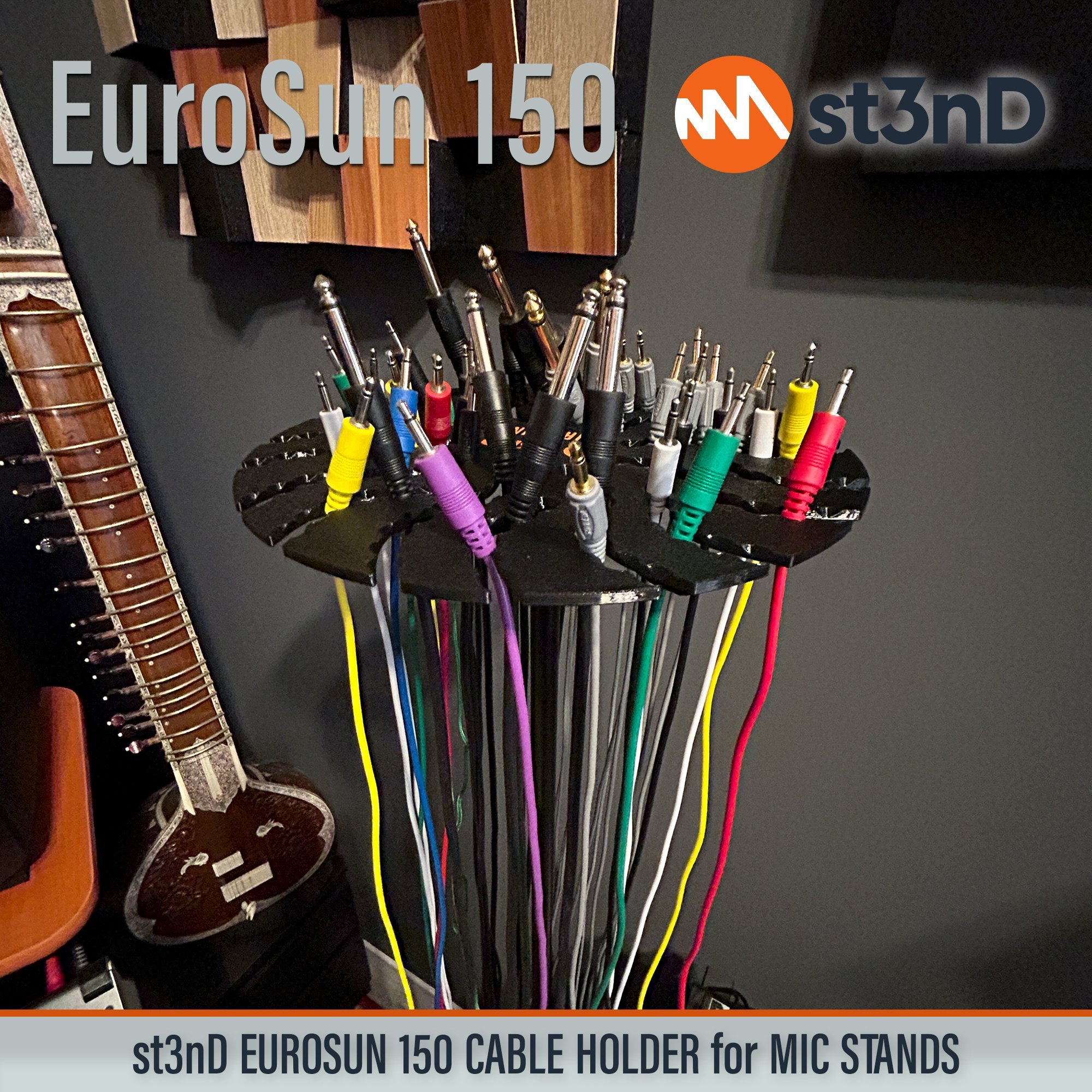 st3nD strong synth accessories portable EuroSun EuroSun 150 cable holder eurorack patch cables patch cable holder audio cable holder midi cable holder eurorack synth accessories Micro USB Mini USB USB-A USB-B USB-C cables Microphone cables Audio and adapter cables st3nD EuroSun TR and TRS cables Microphone Stand