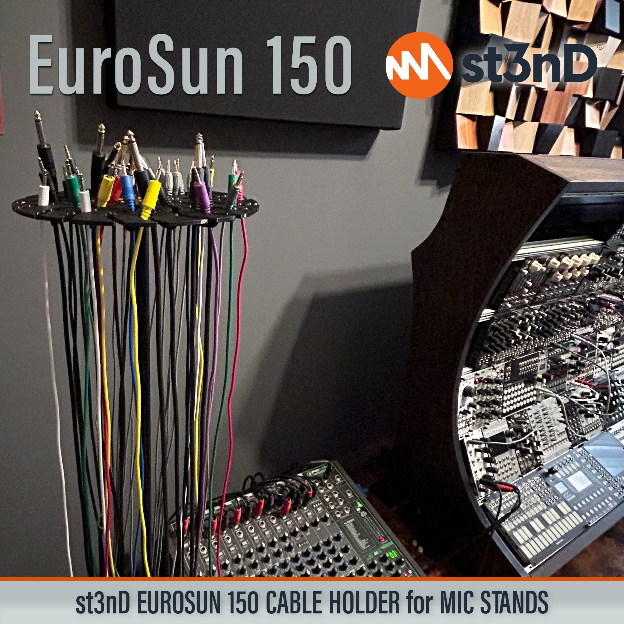 st3nD strong synth accessories portable EuroSun EuroSun 150 cable holder eurorack patch cables patch cable holder audio cable holder midi cable holder eurorack synth accessories Micro USB Mini USB USB-A USB-B USB-C cables Microphone cables Audio and adapter cables st3nD EuroSun TR and TRS cables Microphone Stand