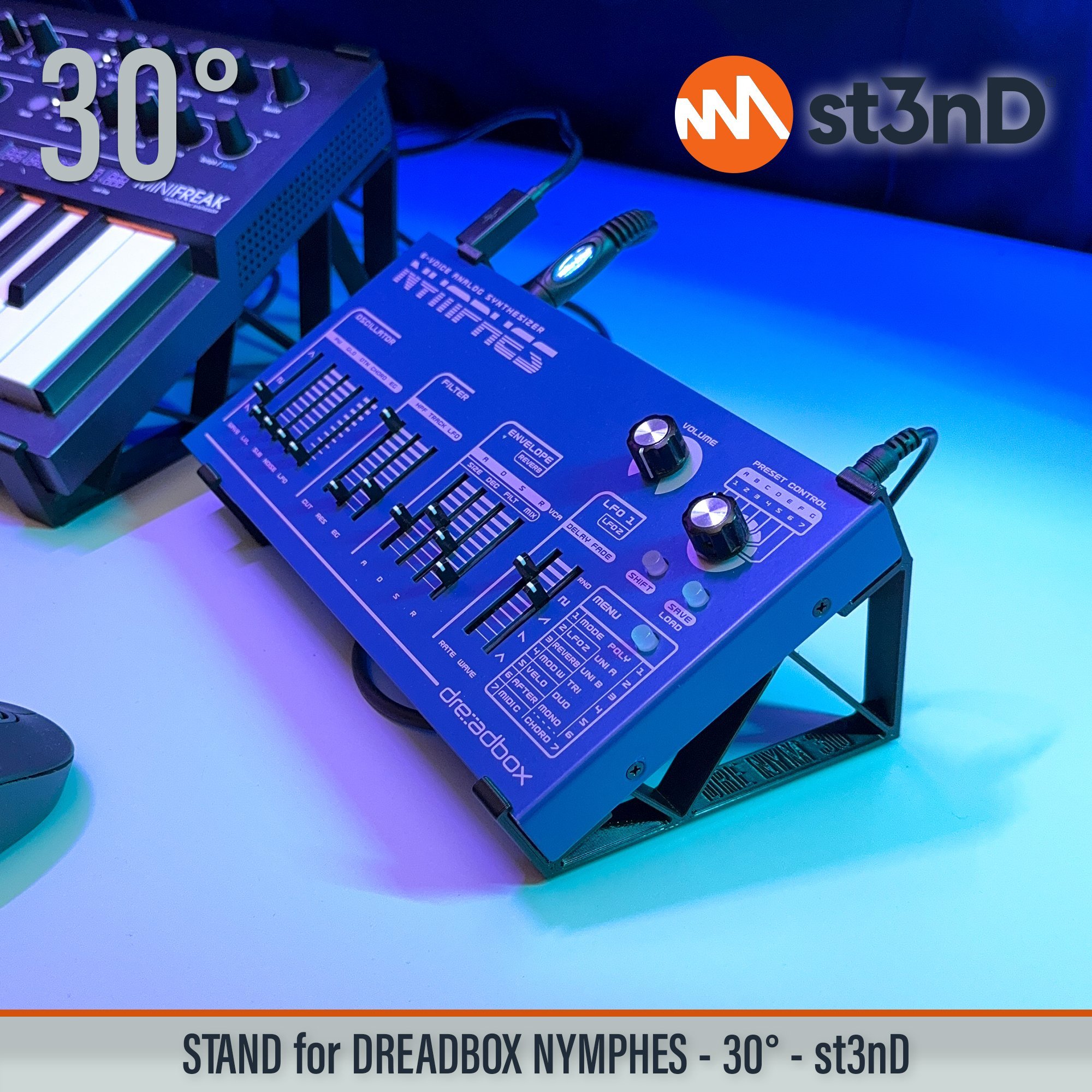 analog synth dreadbox drone synth portable semi modular semi modular synth st3nD stable stand strong sturdy tilted Dreadbox Nymphes Dreadbox Nymphes