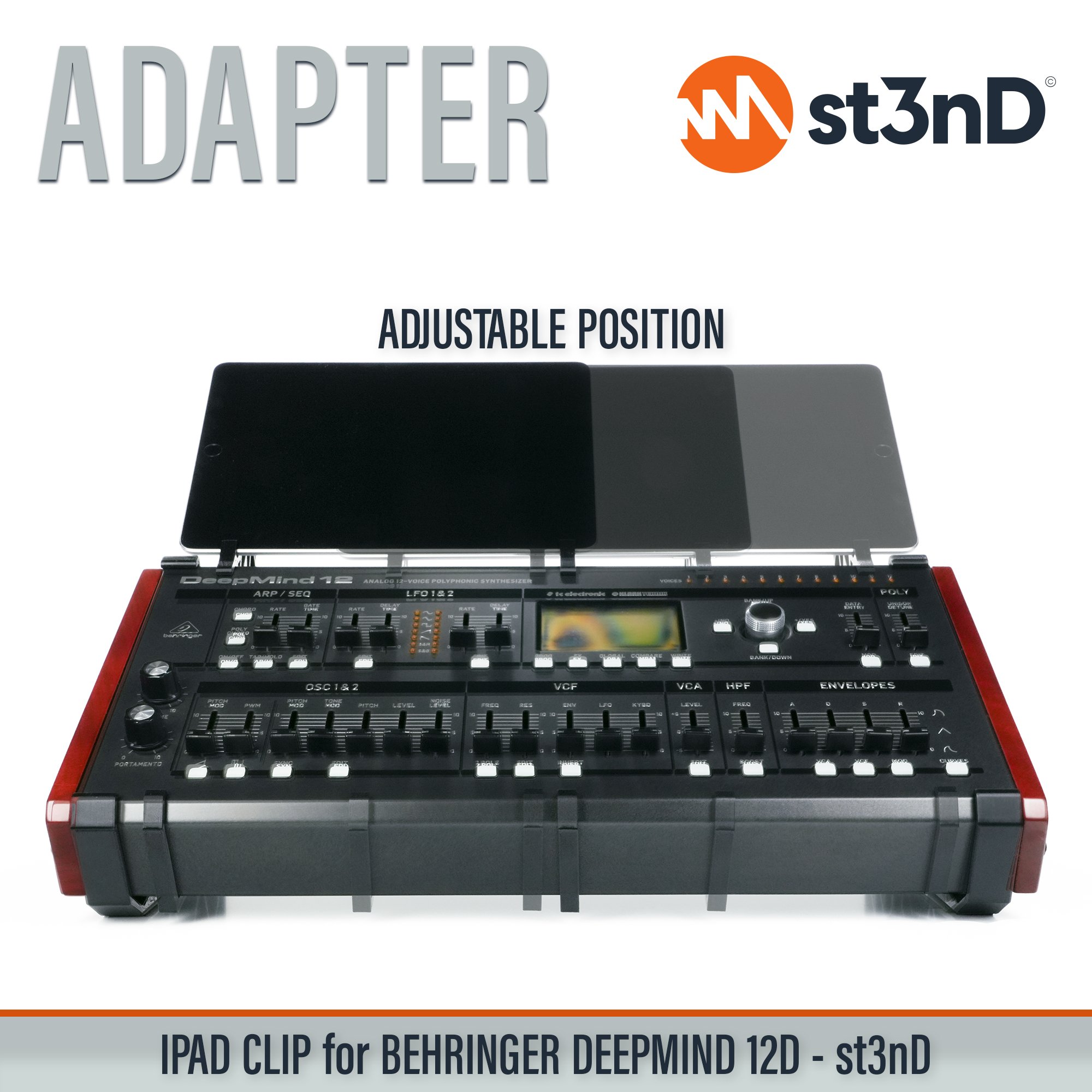 apple ipad, ipad clip, st3nD, ipad holder, behringer, behringer deepmind 12d, deepmind, synth accessory
