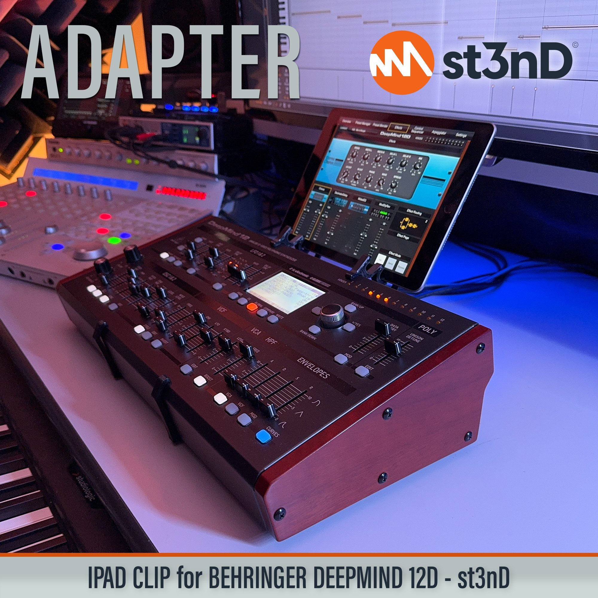 apple ipad, ipad clip, st3nD, ipad holder, behringer, behringer deepmind 12d, deepmind, synth accessory