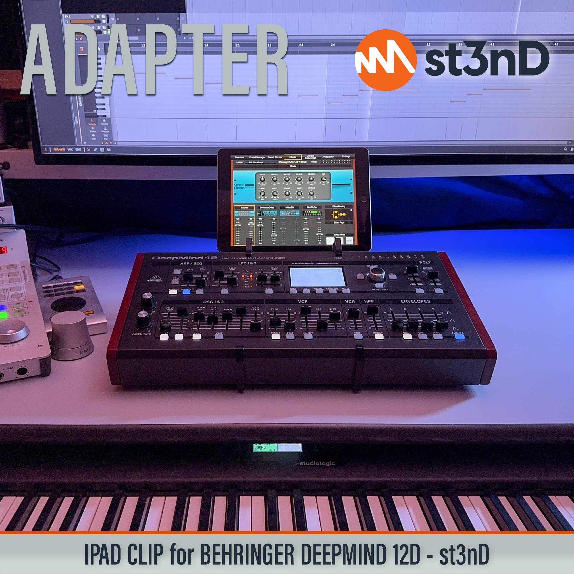 apple ipad, ipad clip, st3nD, ipad holder, behringer, behringer deepmind 12d, deepmind, synth accessory