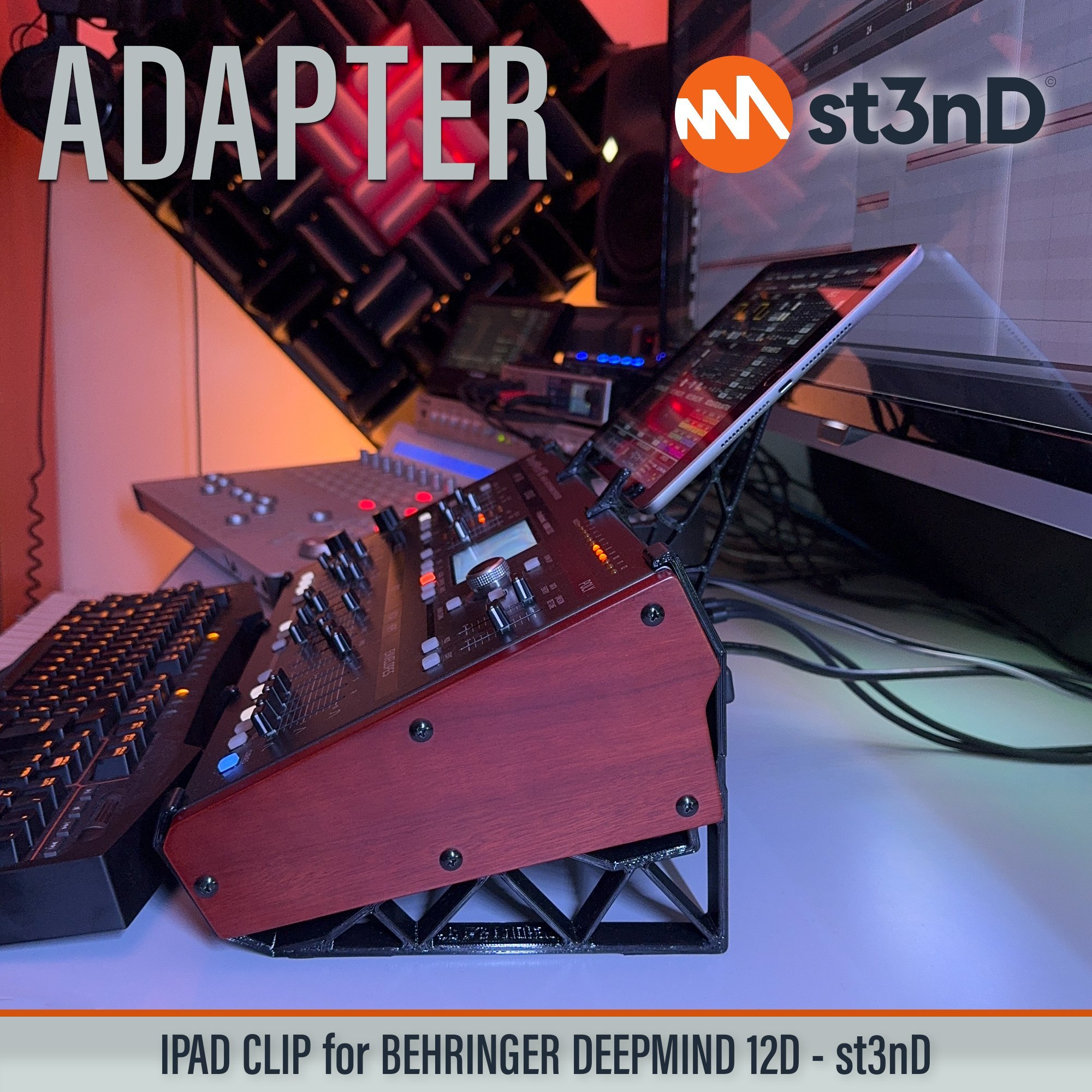 apple ipad, ipad clip, st3nD, ipad holder, behringer, behringer deepmind 12d, deepmind, synth accessory