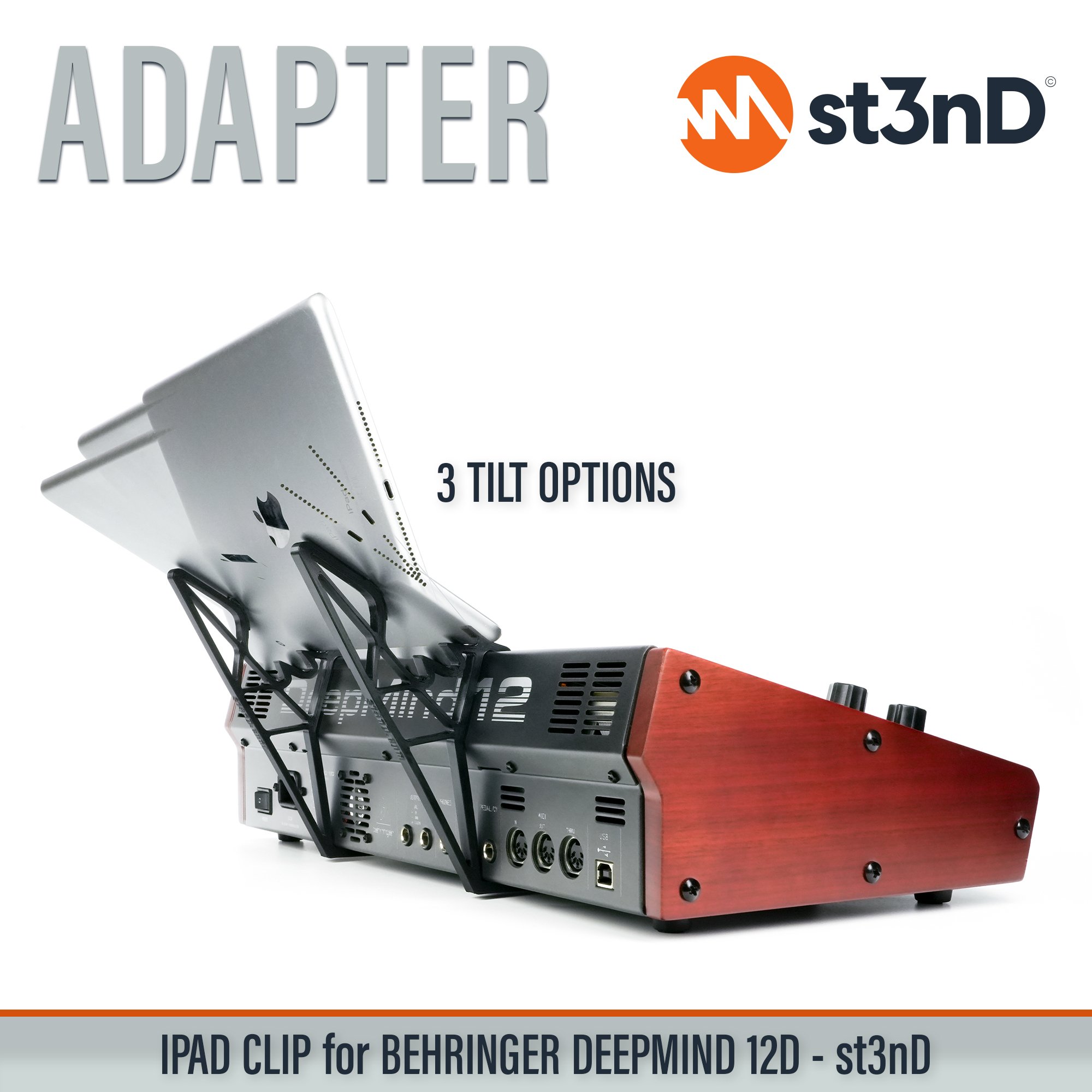 apple ipad, ipad clip, st3nD, ipad holder, behringer, behringer deepmind 12d, deepmind, synth accessory