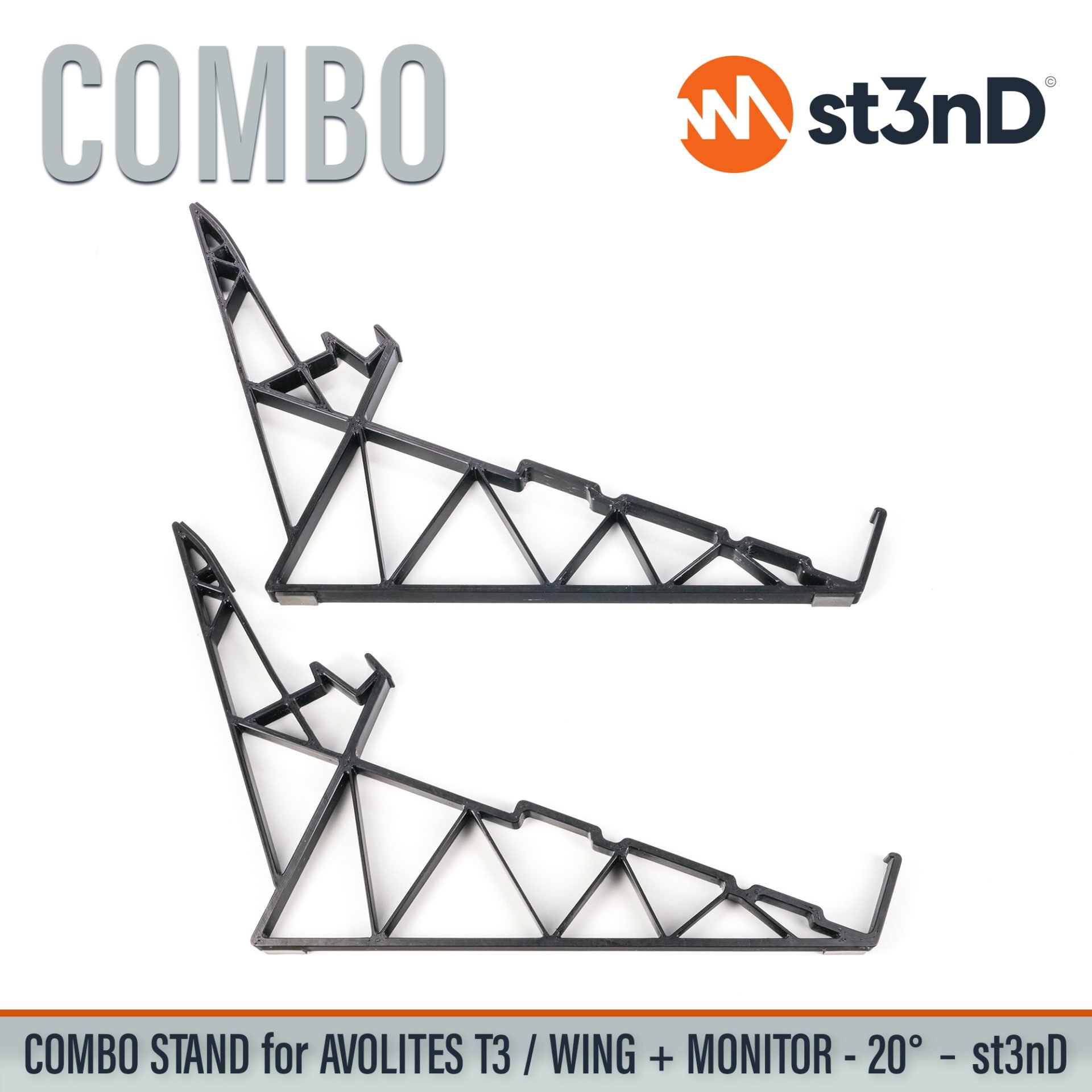 Desktop stand (st3nD) stand for Avolites T3 light console. Tour friendly stand with touchscreen monitor holder for Avolites T3 and T3 Wing. Convenient combo stand setup for T3 light console.