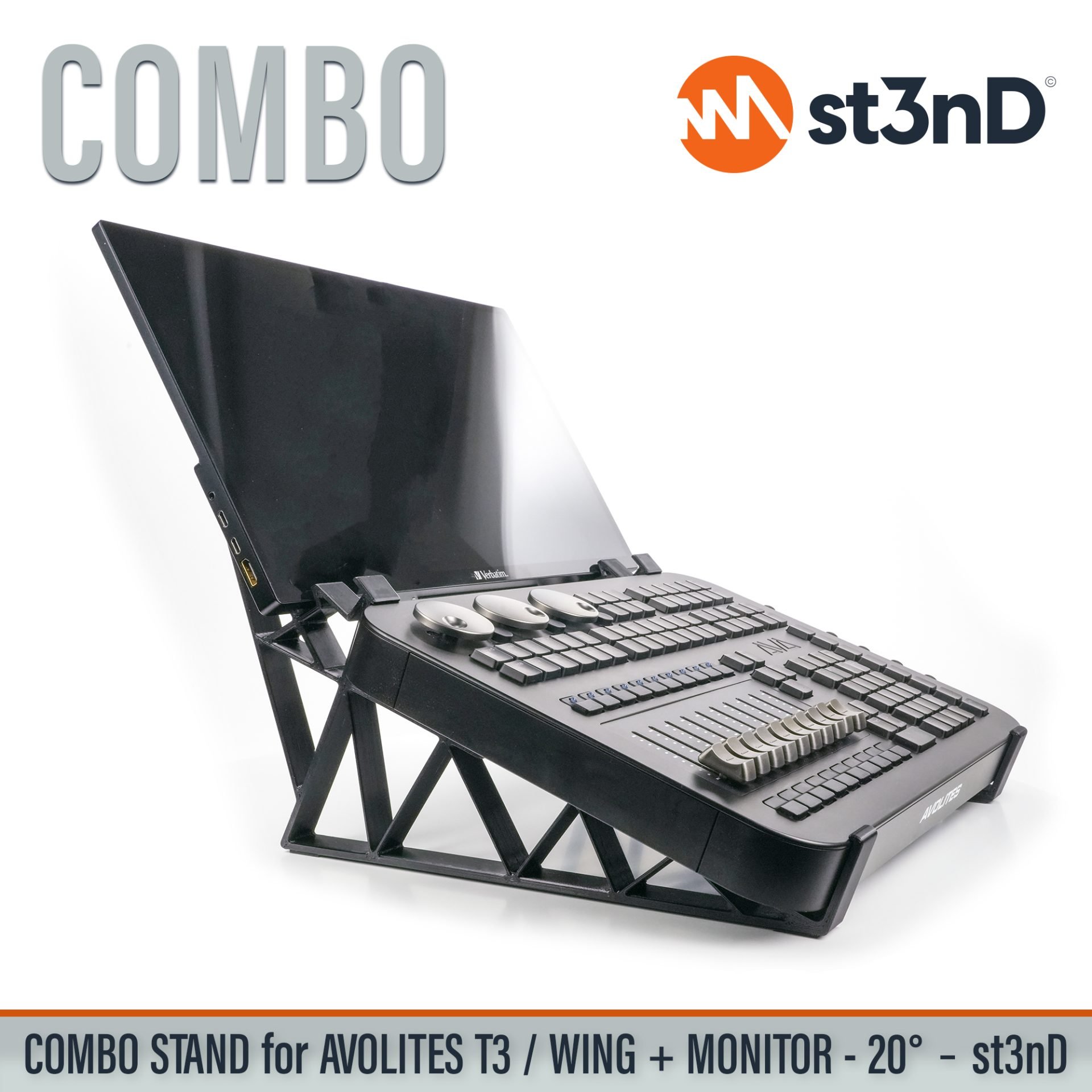 Desktop stand (st3nD) stand for Avolites T3 light console. Tour friendly stand with touchscreen monitor holder for Avolites T3 and T3 Wing. Convenient combo stand setup for T3 light console.