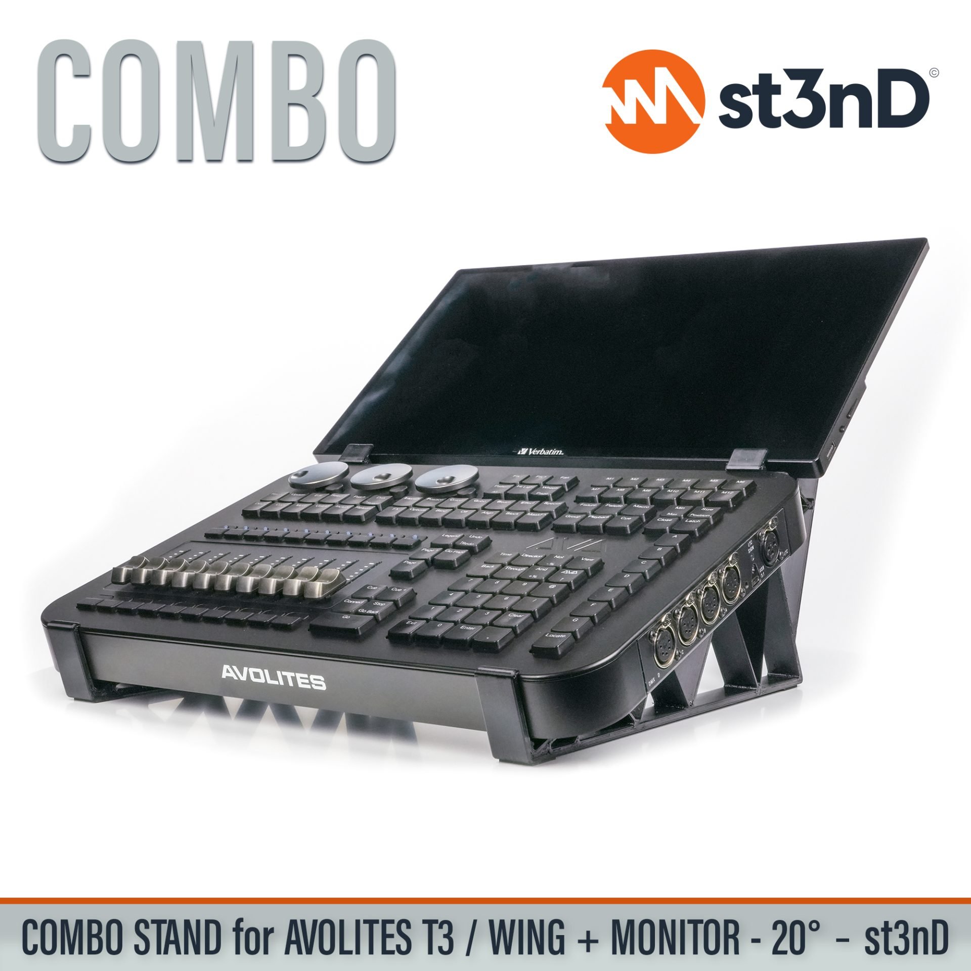 Desktop stand (st3nD) stand for Avolites T3 light console. Tour friendly stand with touchscreen monitor holder for Avolites T3 and T3 Wing. Convenient combo stand setup for T3 light console.