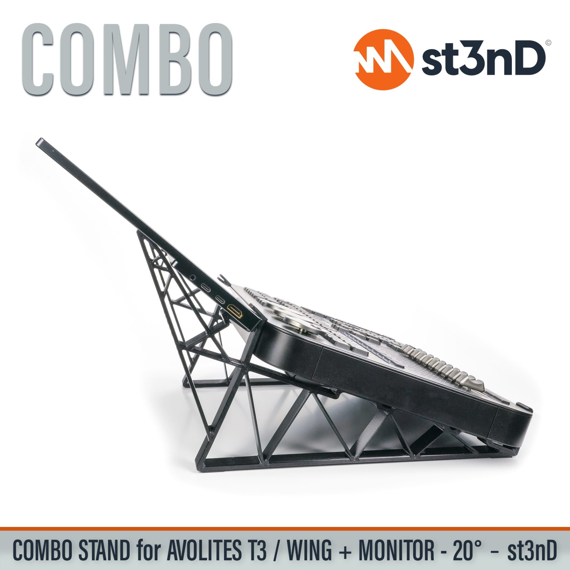 Desktop stand (st3nD) stand for Avolites T3 light console. Tour friendly stand with touchscreen monitor holder for Avolites T3 and T3 Wing. Convenient combo stand setup for T3 light console.