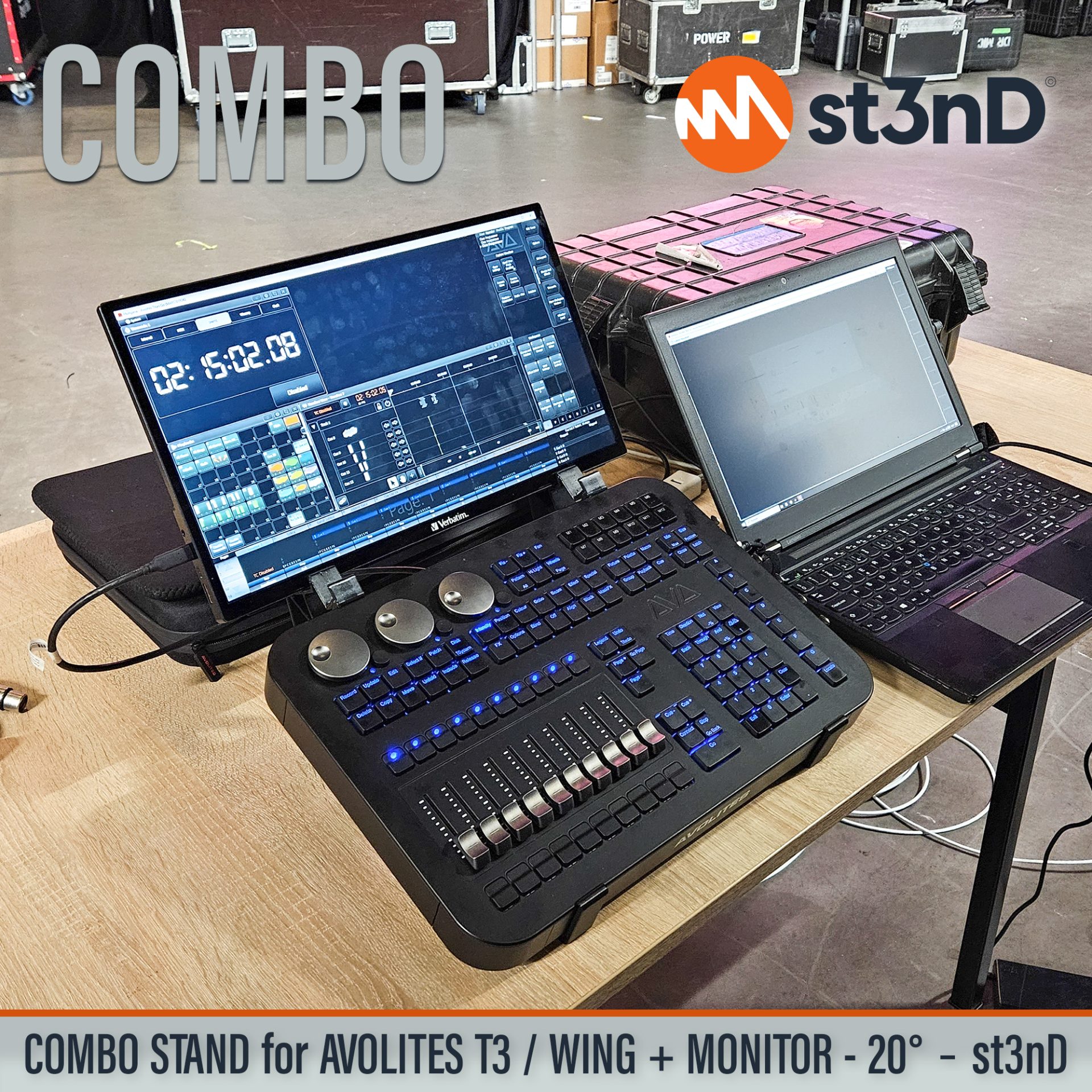 Desktop stand (st3nD) stand for Avolites T3 light console. Tour friendly stand with touchscreen monitor holder for Avolites T3 and T3 Wing. Convenient combo stand setup for T3 light console.