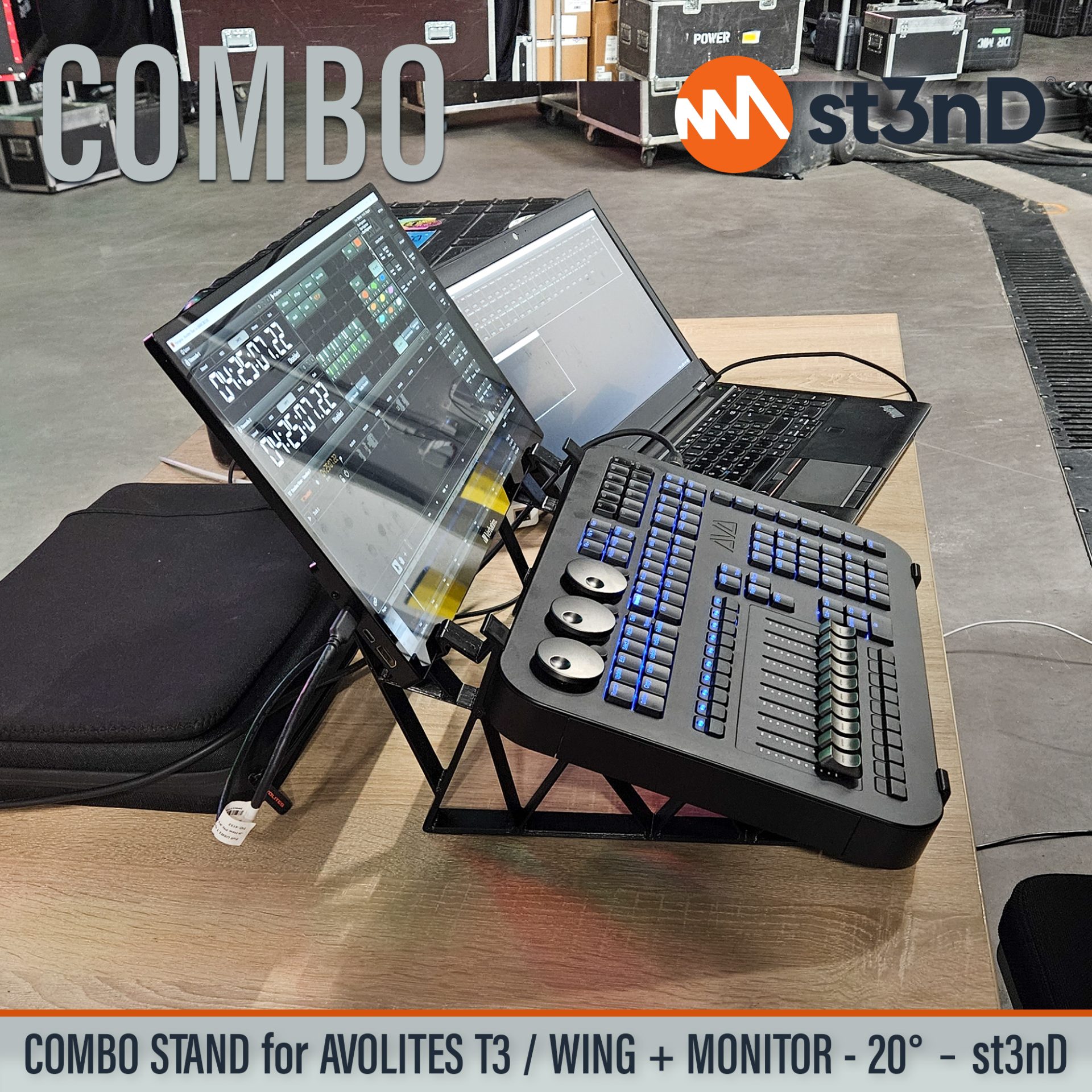 Desktop stand (st3nD) stand for Avolites T3 light console. Tour friendly stand with touchscreen monitor holder for Avolites T3 and T3 Wing. Convenient combo stand setup for T3 light console.