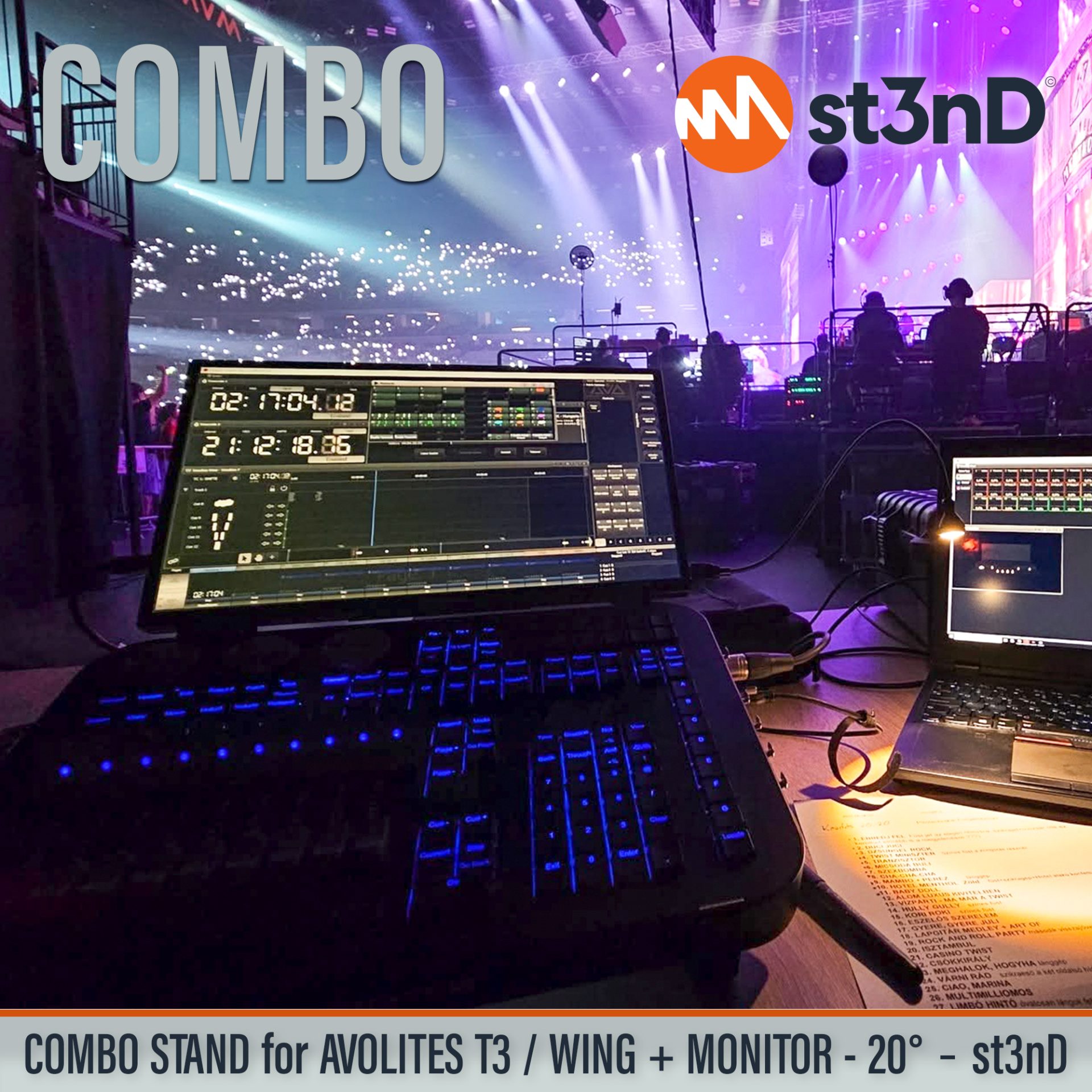 Desktop stand (st3nD) stand for Avolites T3 light console. Tour friendly stand with touchscreen monitor holder for Avolites T3 and T3 Wing. Convenient combo stand setup for T3 light console.