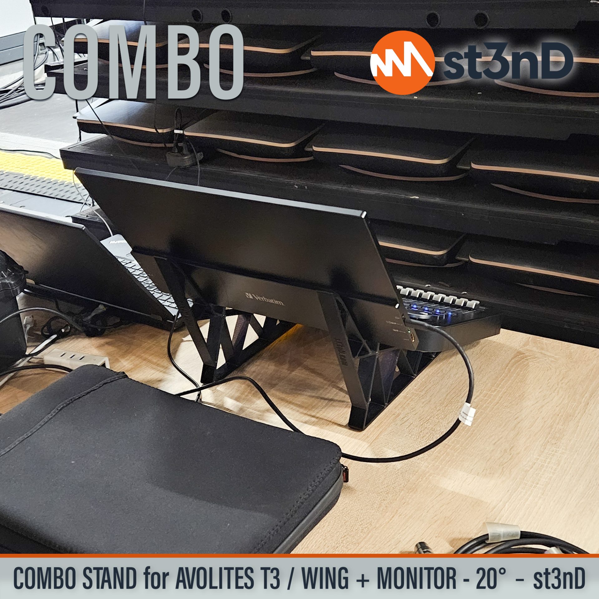 Desktop stand (st3nD) stand for Avolites T3 light console. Tour friendly stand with touchscreen monitor holder for Avolites T3 and T3 Wing. Convenient combo stand setup for T3 light console.