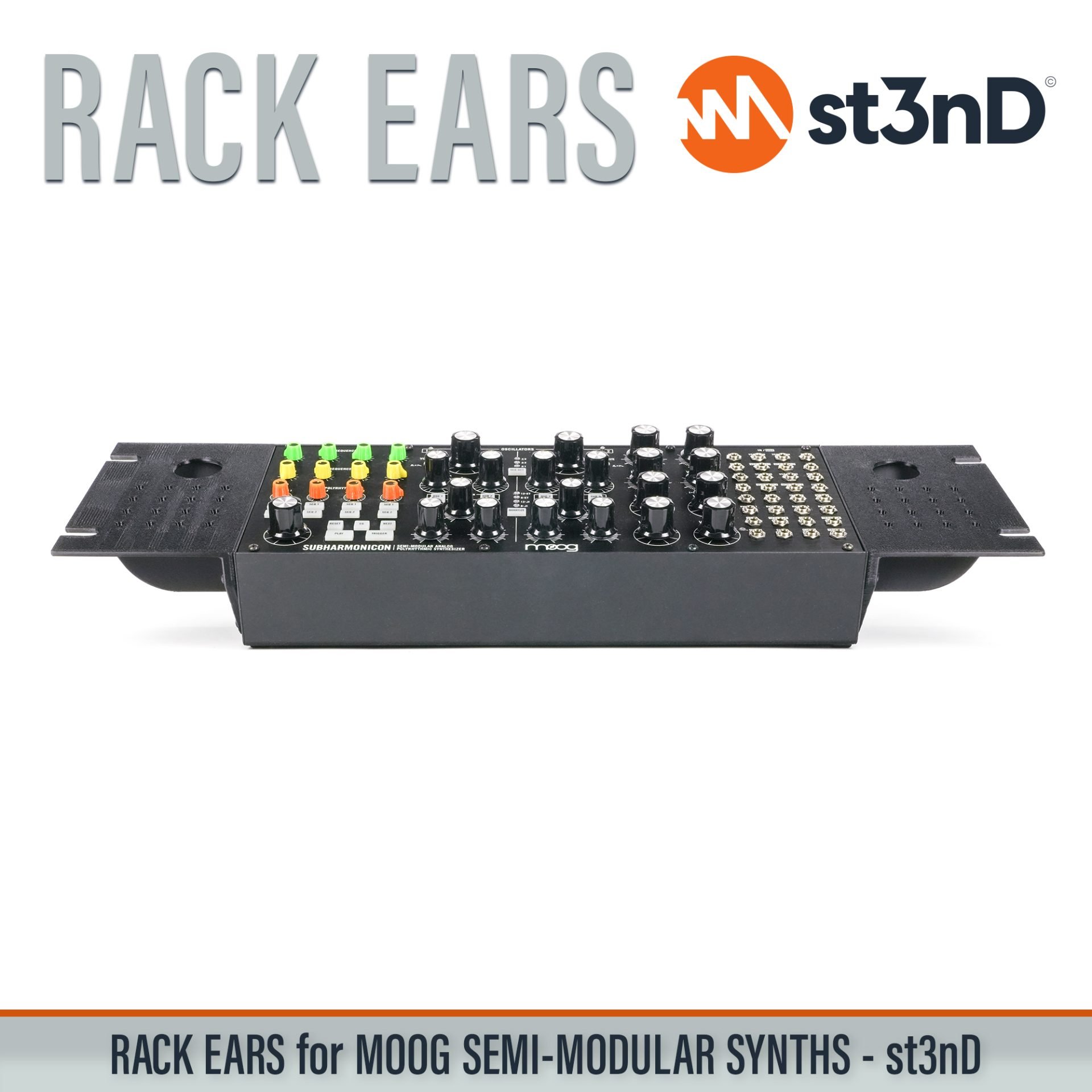 3D printed rack ears controller custom fit rack brackets custom rack ears portable RACK EARS rack mount brackets st3nD stable strong studio accessory studio gear accessories studio rack mount ears sturdy synth rack ears Moog Mother-32 Moog DFAM Moog Subharmonicon Moog Spectravox Moog Labyrinth Moog Eurorack Case 60HP Moog synths Moog 60HP