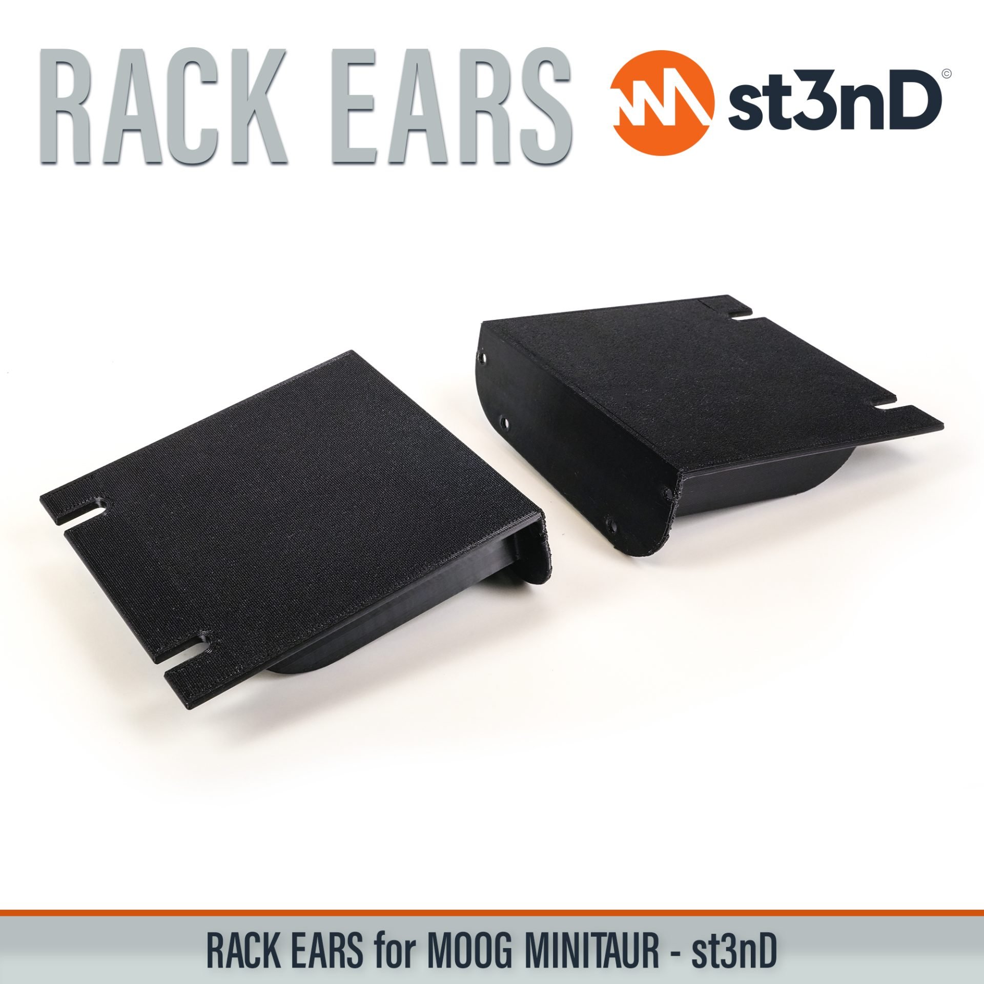 3D printed rack ears, controller, custom fit rack brackets, custom rack ears, Moog synths, portable, rack ears, rack mount brackets, st3nD, stable, strong, studio accessory, studio gear accessories, studio rack mount ears, sturdy, synth rack ears, MOOG Minitaur, Moog Bass Synth