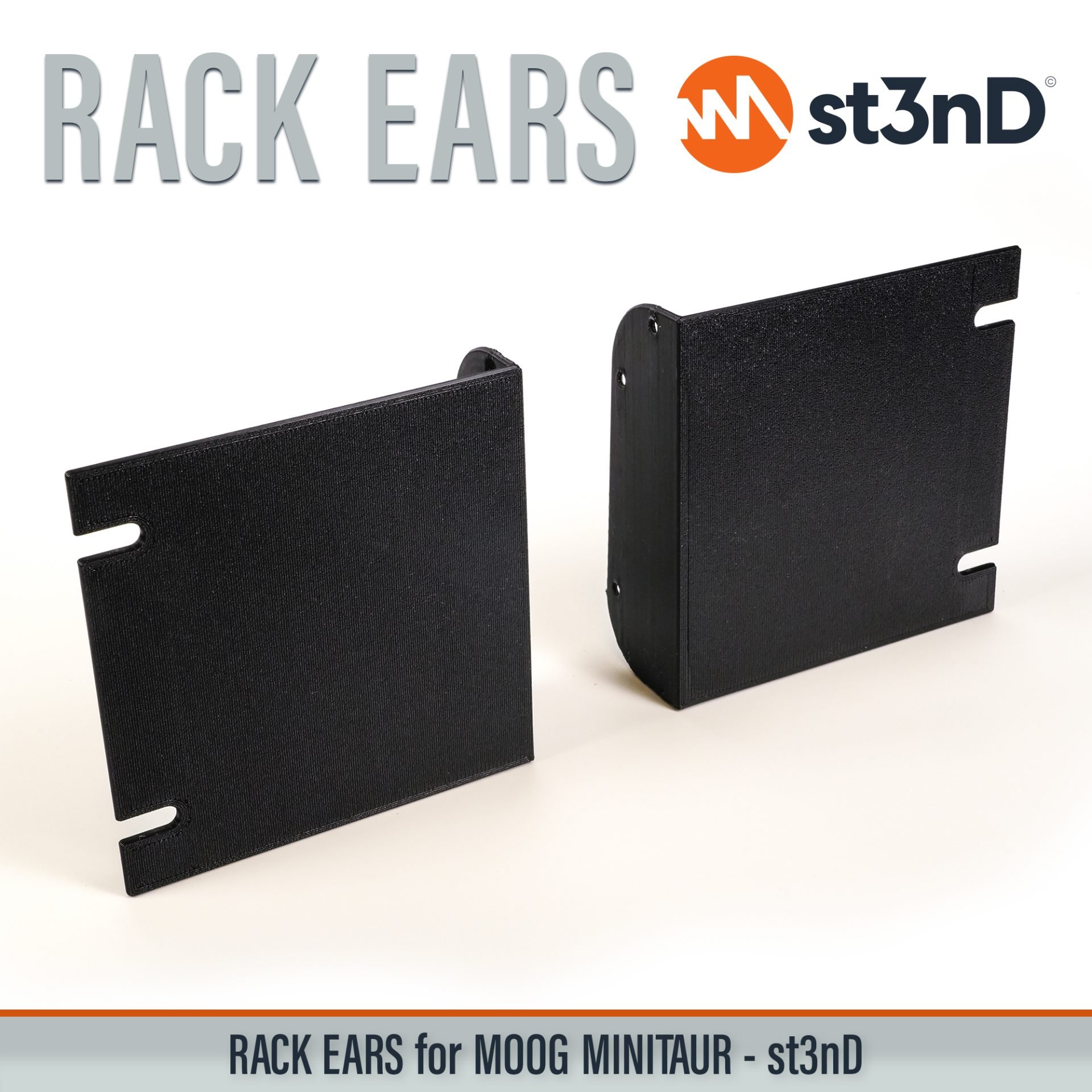3D printed rack ears, controller, custom fit rack brackets, custom rack ears, Moog synths, portable, rack ears, rack mount brackets, st3nD, stable, strong, studio accessory, studio gear accessories, studio rack mount ears, sturdy, synth rack ears, MOOG Minitaur, Moog Bass Synth