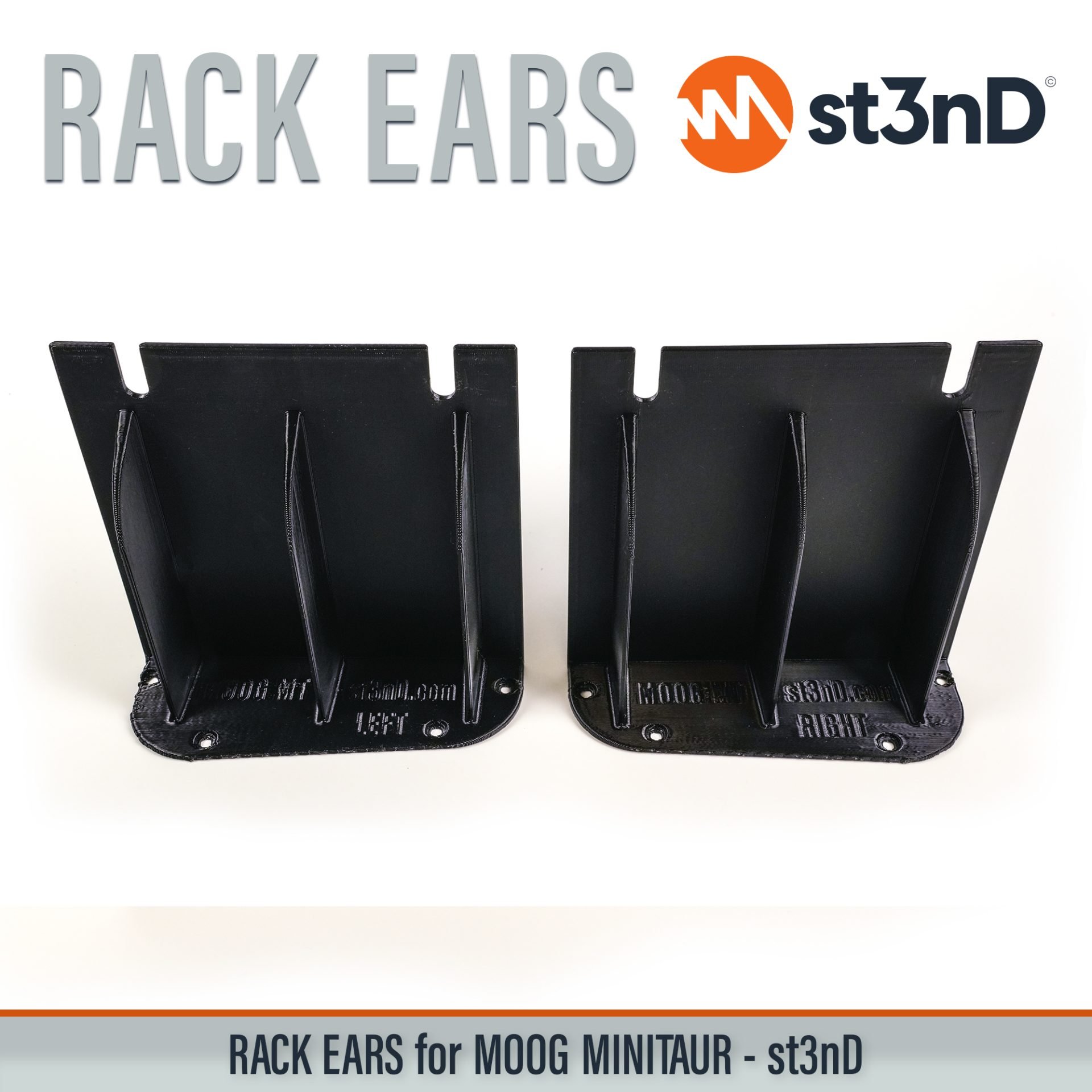 3D printed rack ears, controller, custom fit rack brackets, custom rack ears, Moog synths, portable, rack ears, rack mount brackets, st3nD, stable, strong, studio accessory, studio gear accessories, studio rack mount ears, sturdy, synth rack ears, MOOG Minitaur, Moog Bass Synth