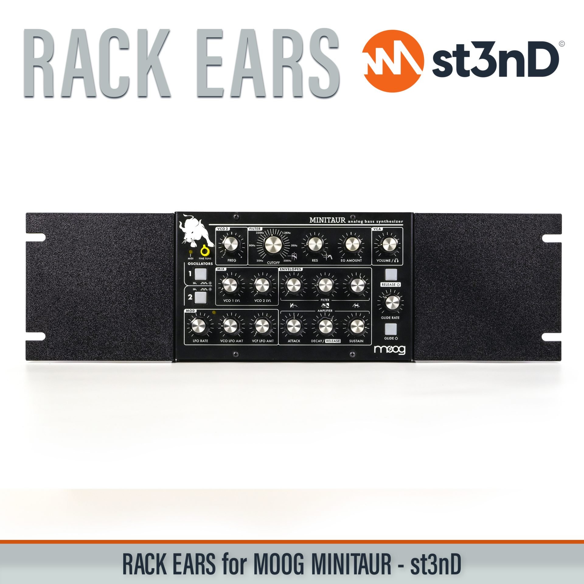 3D printed rack ears, controller, custom fit rack brackets, custom rack ears, Moog synths, portable, rack ears, rack mount brackets, st3nD, stable, strong, studio accessory, studio gear accessories, studio rack mount ears, sturdy, synth rack ears, MOOG Minitaur, Moog Bass Synth