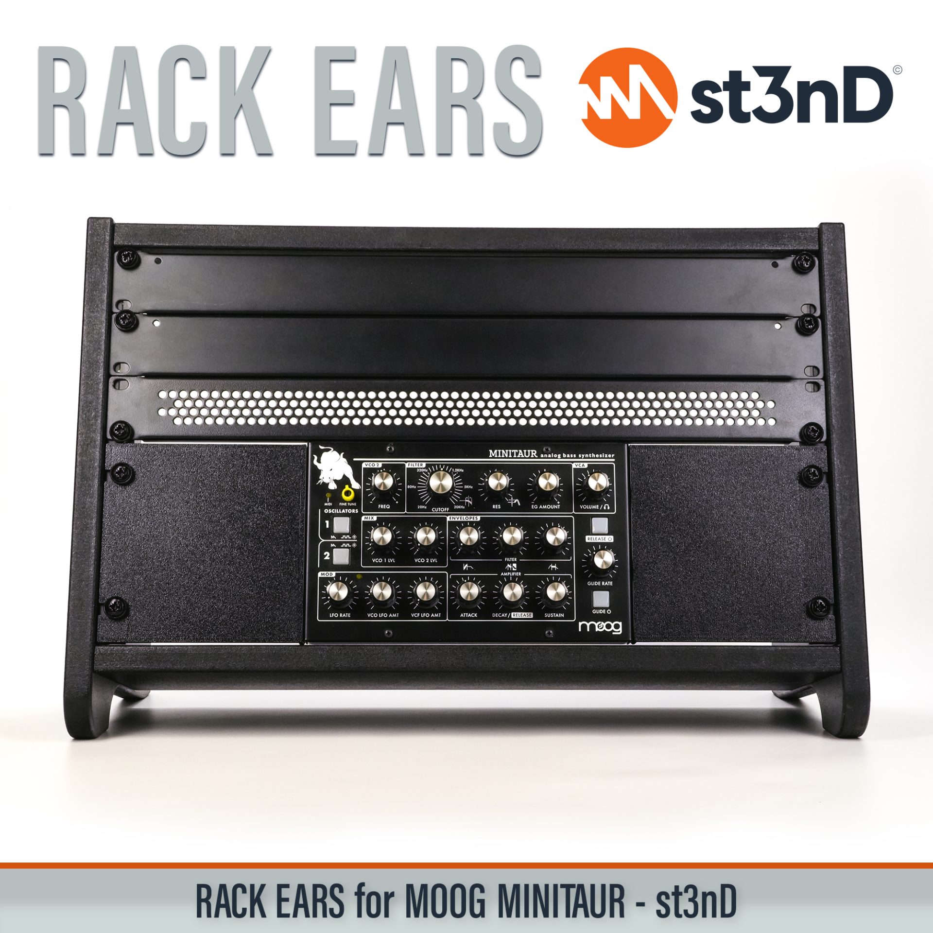 3D printed rack ears, controller, custom fit rack brackets, custom rack ears, Moog synths, portable, rack ears, rack mount brackets, st3nD, stable, strong, studio accessory, studio gear accessories, studio rack mount ears, sturdy, synth rack ears, MOOG Minitaur, Moog Bass Synth