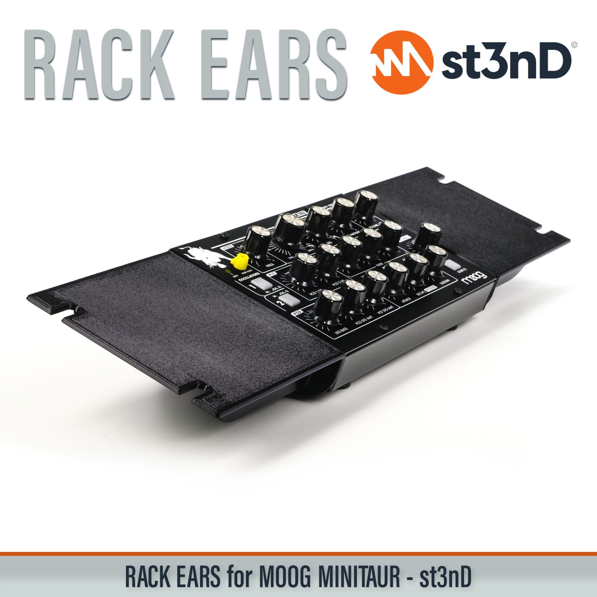 3D printed rack ears, controller, custom fit rack brackets, custom rack ears, Moog synths, portable, rack ears, rack mount brackets, st3nD, stable, strong, studio accessory, studio gear accessories, studio rack mount ears, sturdy, synth rack ears, MOOG Minitaur, Moog Bass Synth