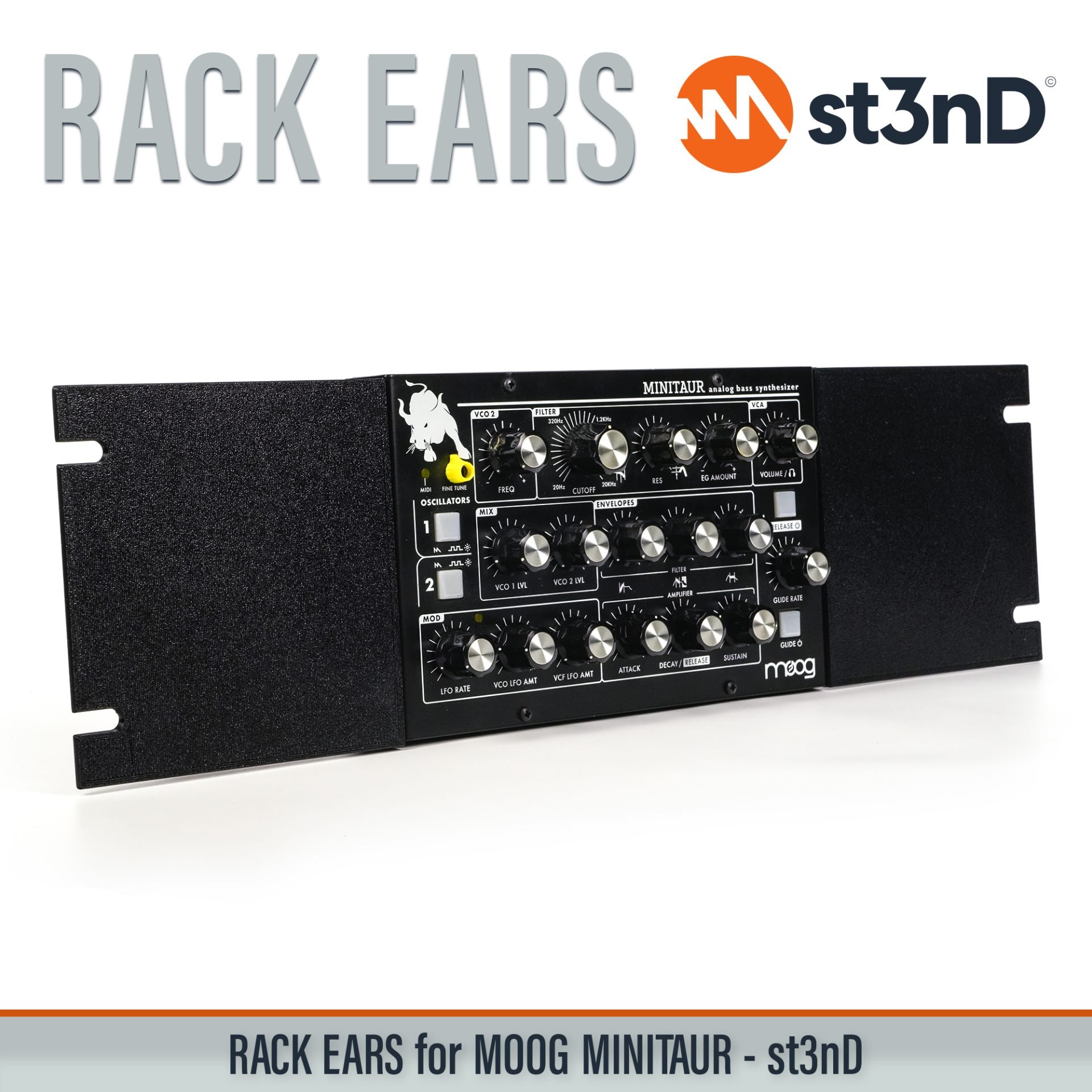 3D printed rack ears, controller, custom fit rack brackets, custom rack ears, Moog synths, portable, rack ears, rack mount brackets, st3nD, stable, strong, studio accessory, studio gear accessories, studio rack mount ears, sturdy, synth rack ears, MOOG Minitaur, Moog Bass Synth