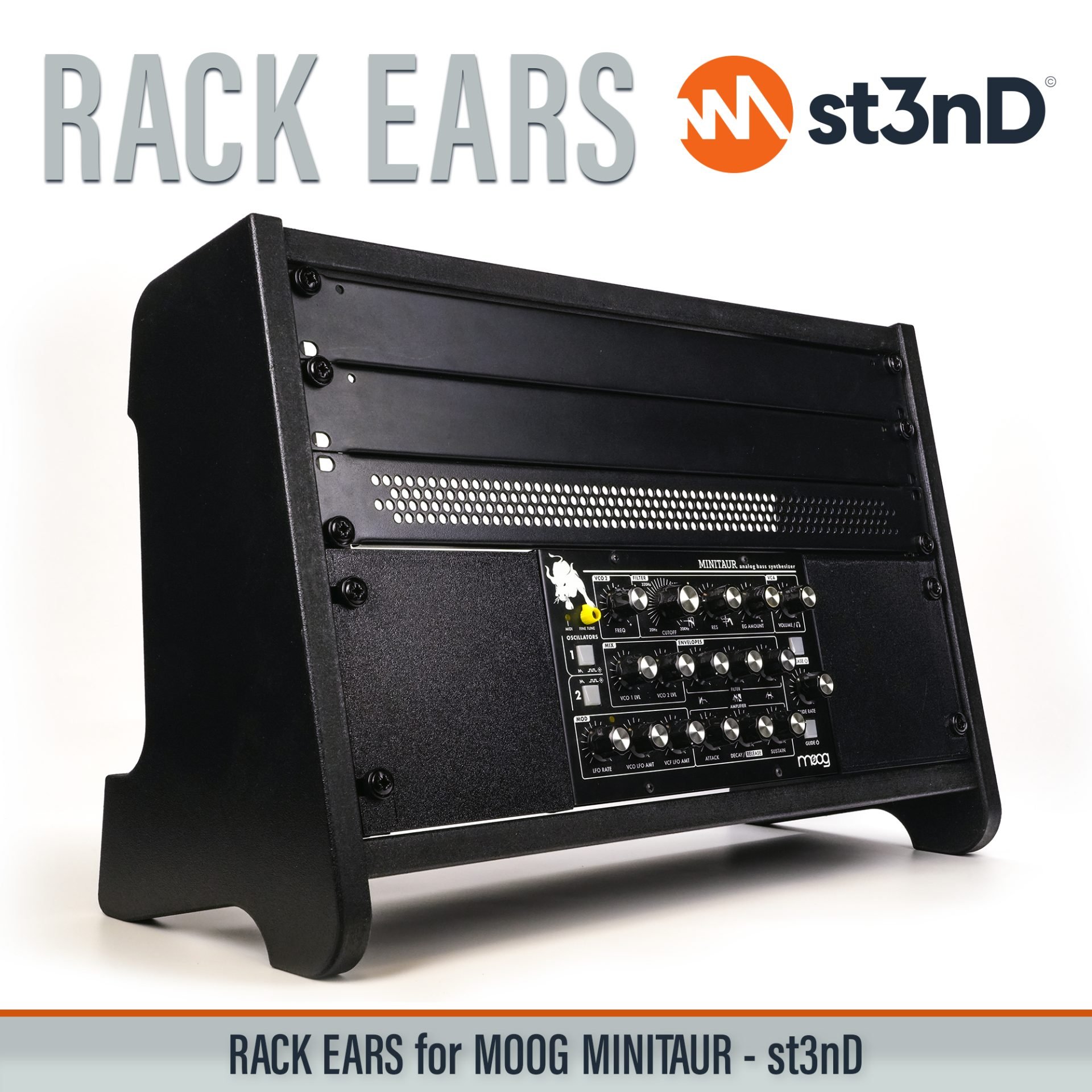 3D printed rack ears, controller, custom fit rack brackets, custom rack ears, Moog synths, portable, rack ears, rack mount brackets, st3nD, stable, strong, studio accessory, studio gear accessories, studio rack mount ears, sturdy, synth rack ears, MOOG Minitaur, Moog Bass Synth