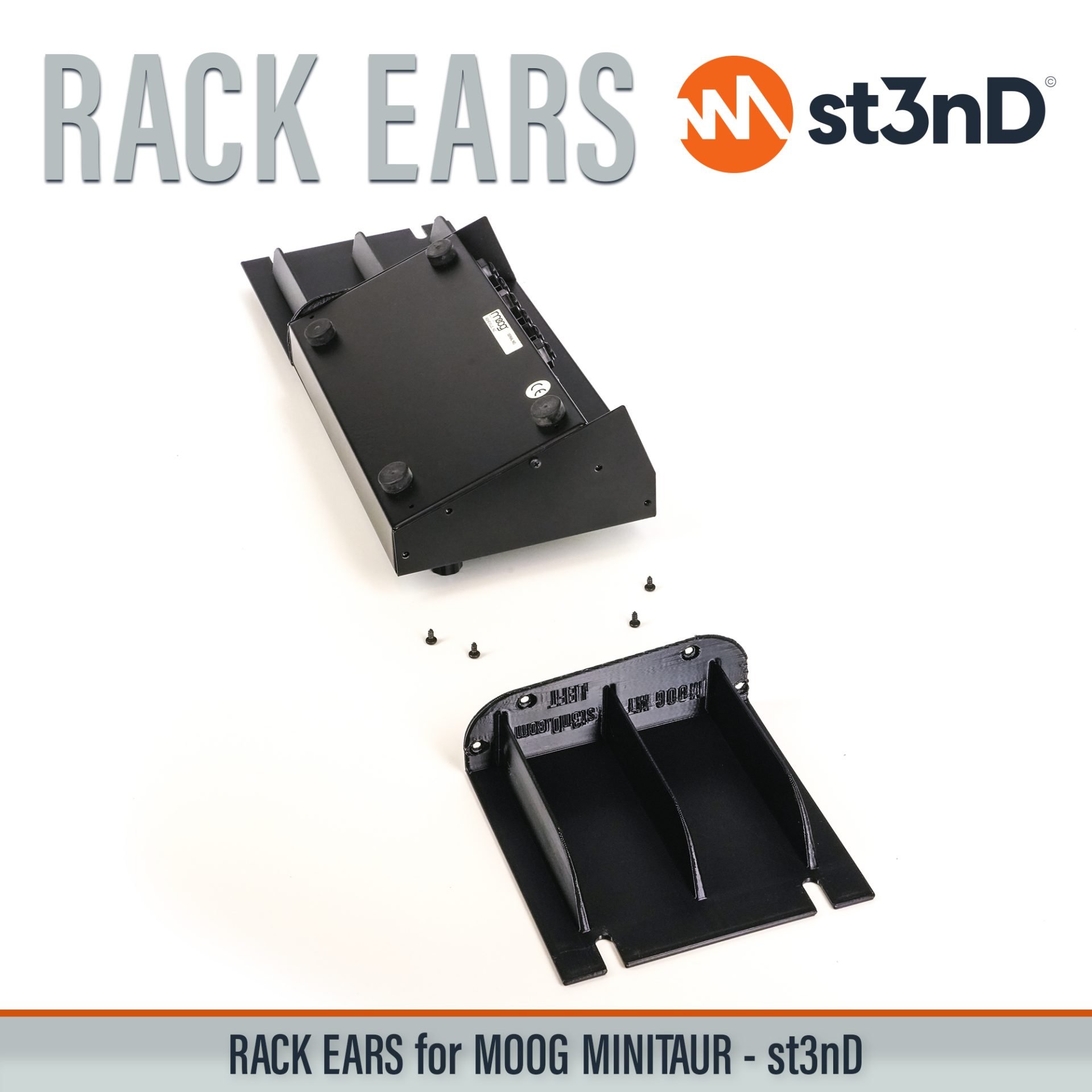 3D printed rack ears, controller, custom fit rack brackets, custom rack ears, Moog synths, portable, rack ears, rack mount brackets, st3nD, stable, strong, studio accessory, studio gear accessories, studio rack mount ears, sturdy, synth rack ears, MOOG Minitaur, Moog Bass Synth