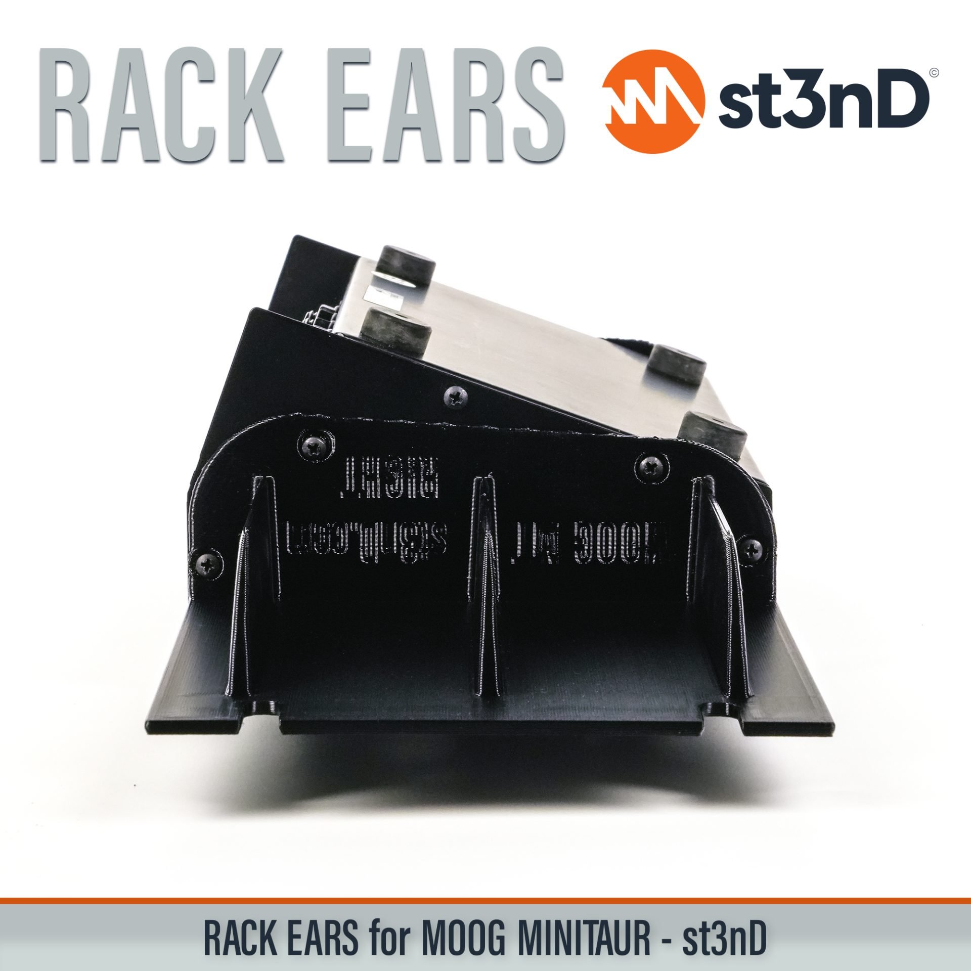 3D printed rack ears, controller, custom fit rack brackets, custom rack ears, Moog synths, portable, rack ears, rack mount brackets, st3nD, stable, strong, studio accessory, studio gear accessories, studio rack mount ears, sturdy, synth rack ears, MOOG Minitaur, Moog Bass Synth