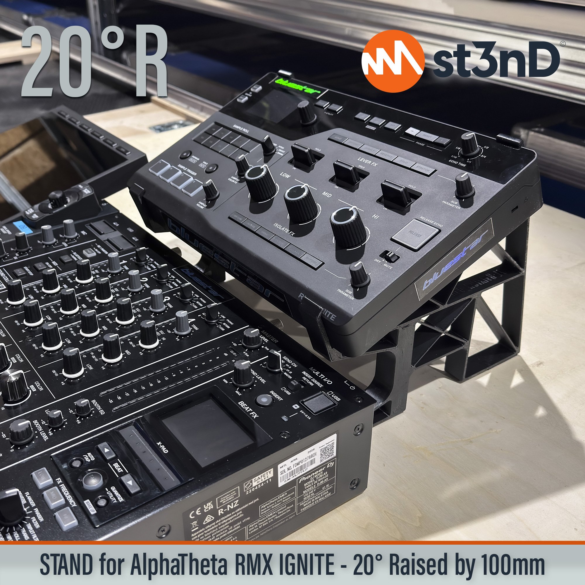 AlphaTheta, alphatheta rmx, dj device, dj effector, dj equipment, ignite, Pioneer DJ, pioneer dj rmx, pioneer ignite, portable, RMX-Ignite, st3nD, stable, stand, strong, sturdy, tilted, raised, elevated, djriser, dj raiser
