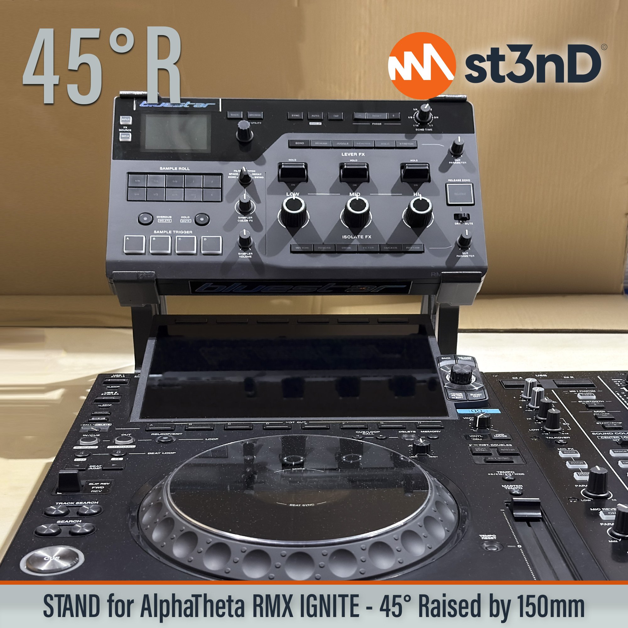 AlphaTheta, alphatheta rmx, dj device, dj effector, dj equipment, ignite, Pioneer DJ, pioneer dj rmx, pioneer ignite, portable, RMX-Ignite, st3nD, stable, stand, strong, sturdy, tilted, raised, elevated, djriser, dj raiser