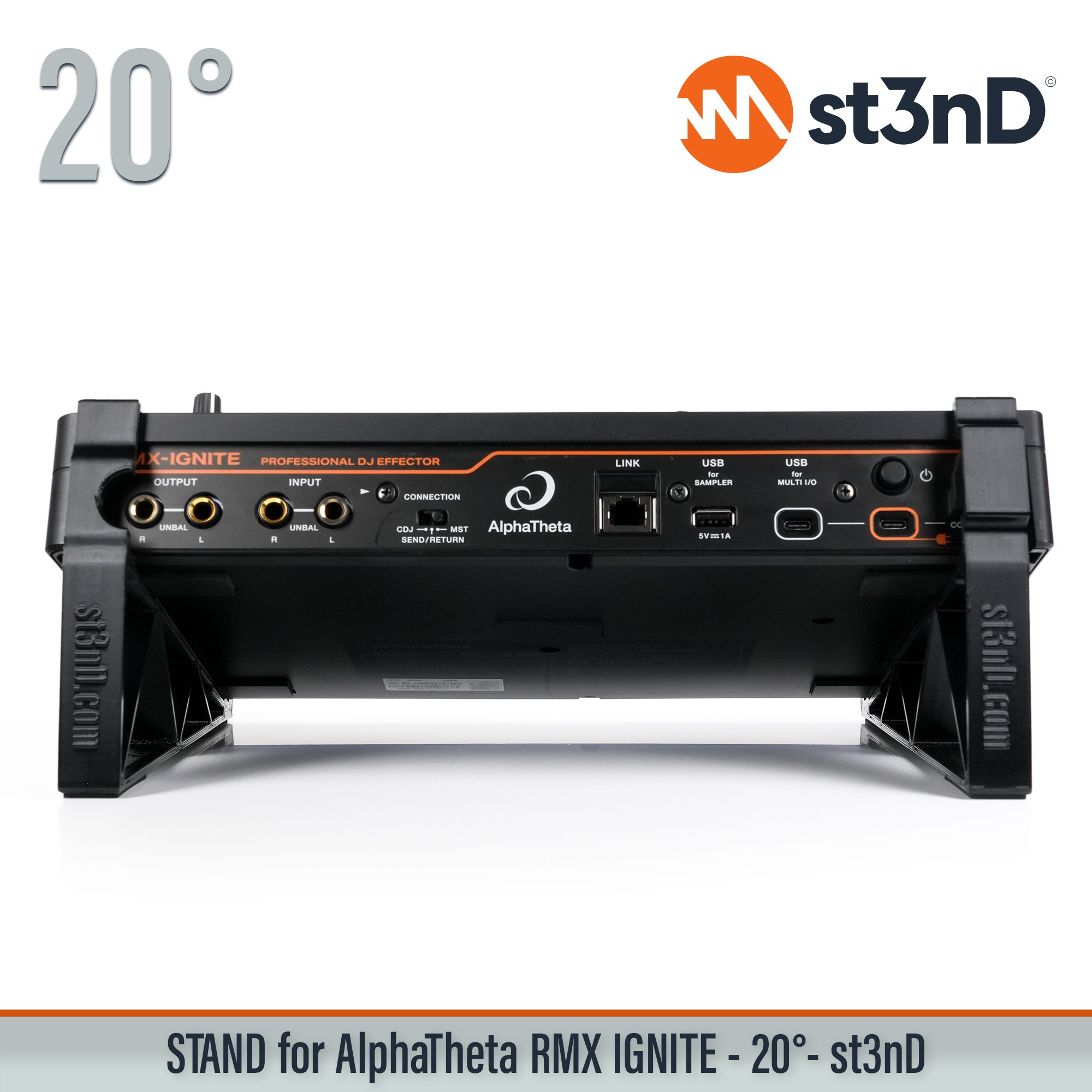 AlphaTheta RMX-IGNITE 20° tilted desktop stand by st3nD, designed for stable and secure positioning of your DJ effector. Strong, sturdy construction with rubber pads helps prevent slipping during intensive use while improving visibility, access and desktop space in your DJ equipment setup.
