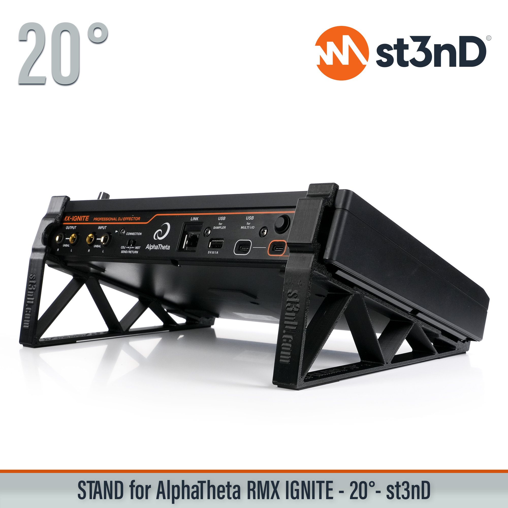 AlphaTheta RMX-IGNITE 20° tilted desktop stand by st3nD, designed for stable and secure positioning of your DJ effector. Strong, sturdy construction with rubber pads helps prevent slipping during intensive use while improving visibility, access and desktop space in your DJ equipment setup.