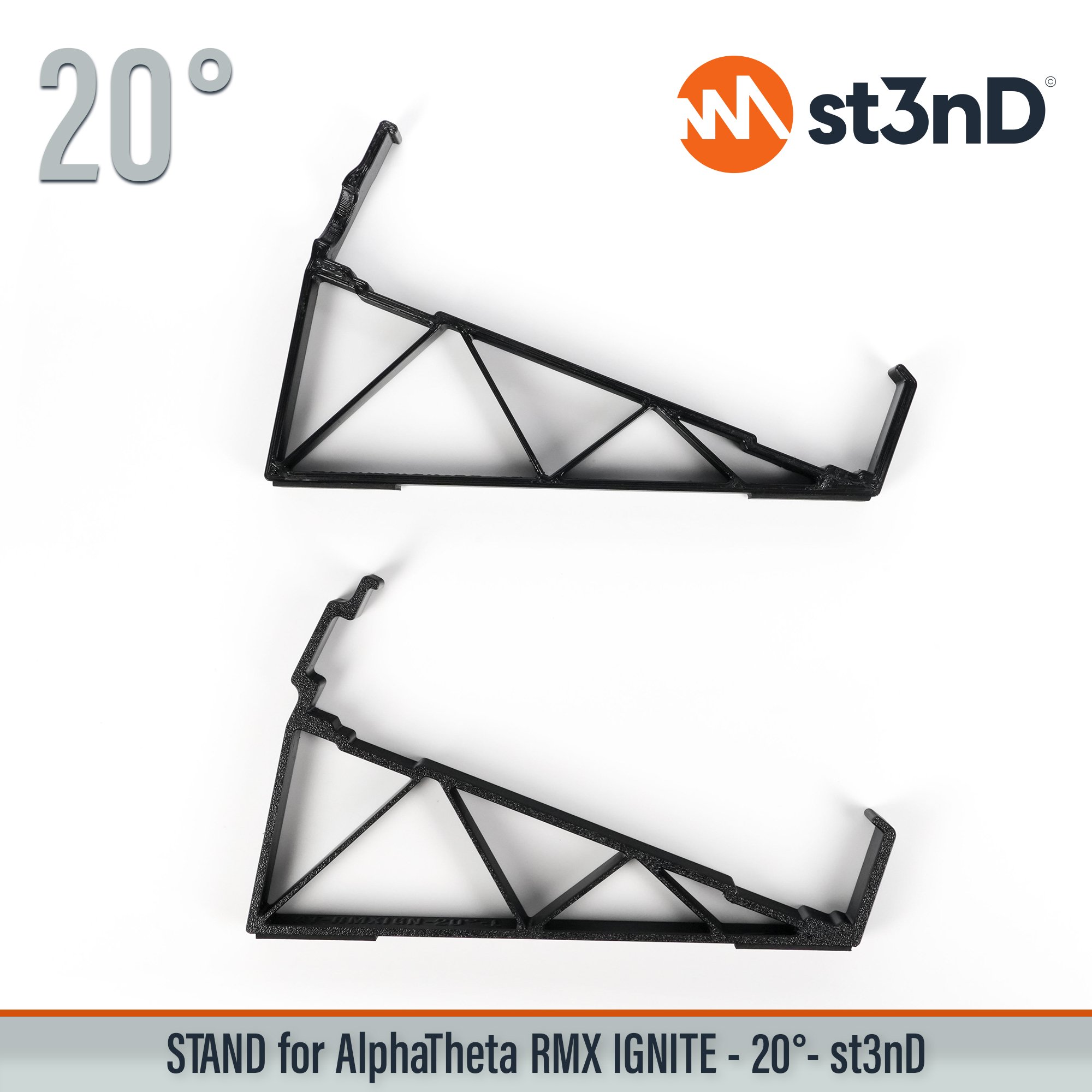 AlphaTheta RMX-IGNITE 20° tilted desktop stand by st3nD, designed for stable and secure positioning of your DJ effector. Strong, sturdy construction with rubber pads helps prevent slipping during intensive use while improving visibility, access and desktop space in your DJ equipment setup.
