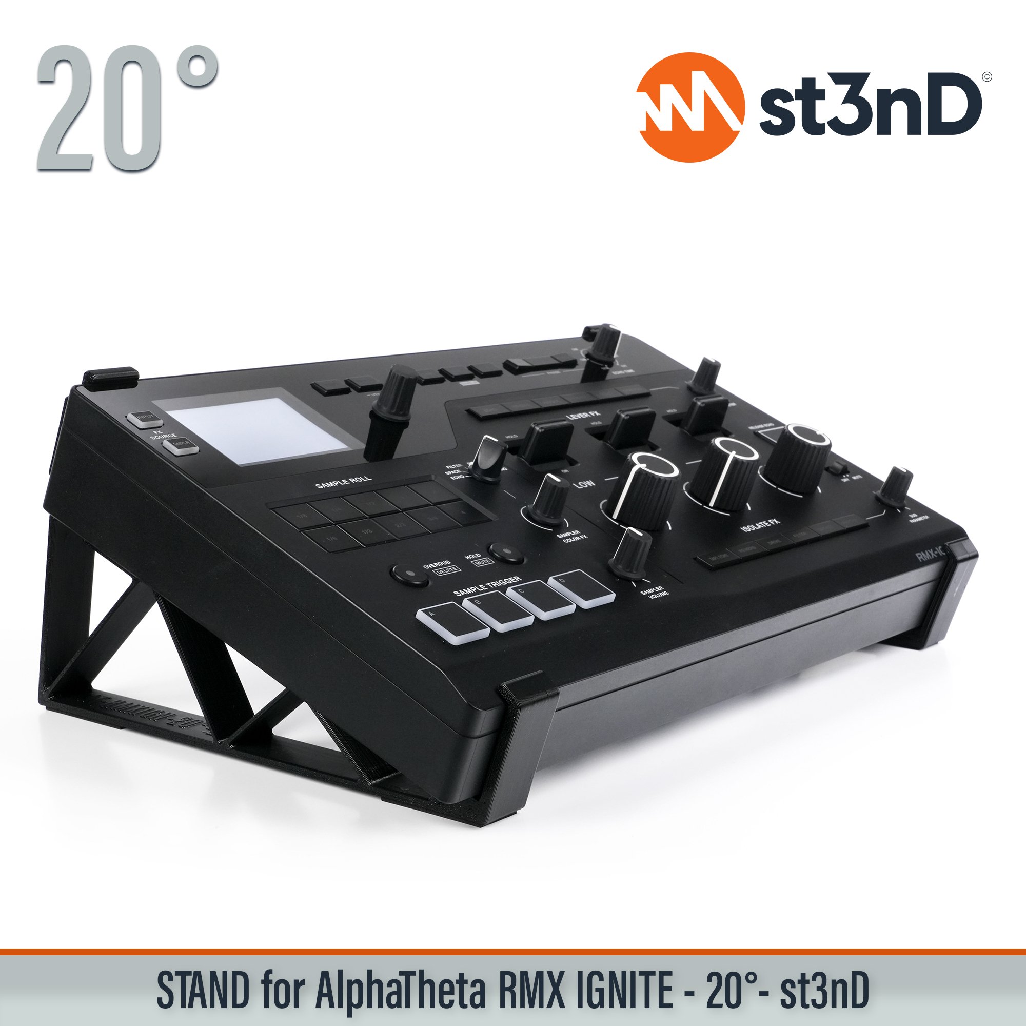 AlphaTheta RMX-IGNITE 20° tilted desktop stand by st3nD, designed for stable and secure positioning of your DJ effector. Strong, sturdy construction with rubber pads helps prevent slipping during intensive use while improving visibility, access and desktop space in your DJ equipment setup.