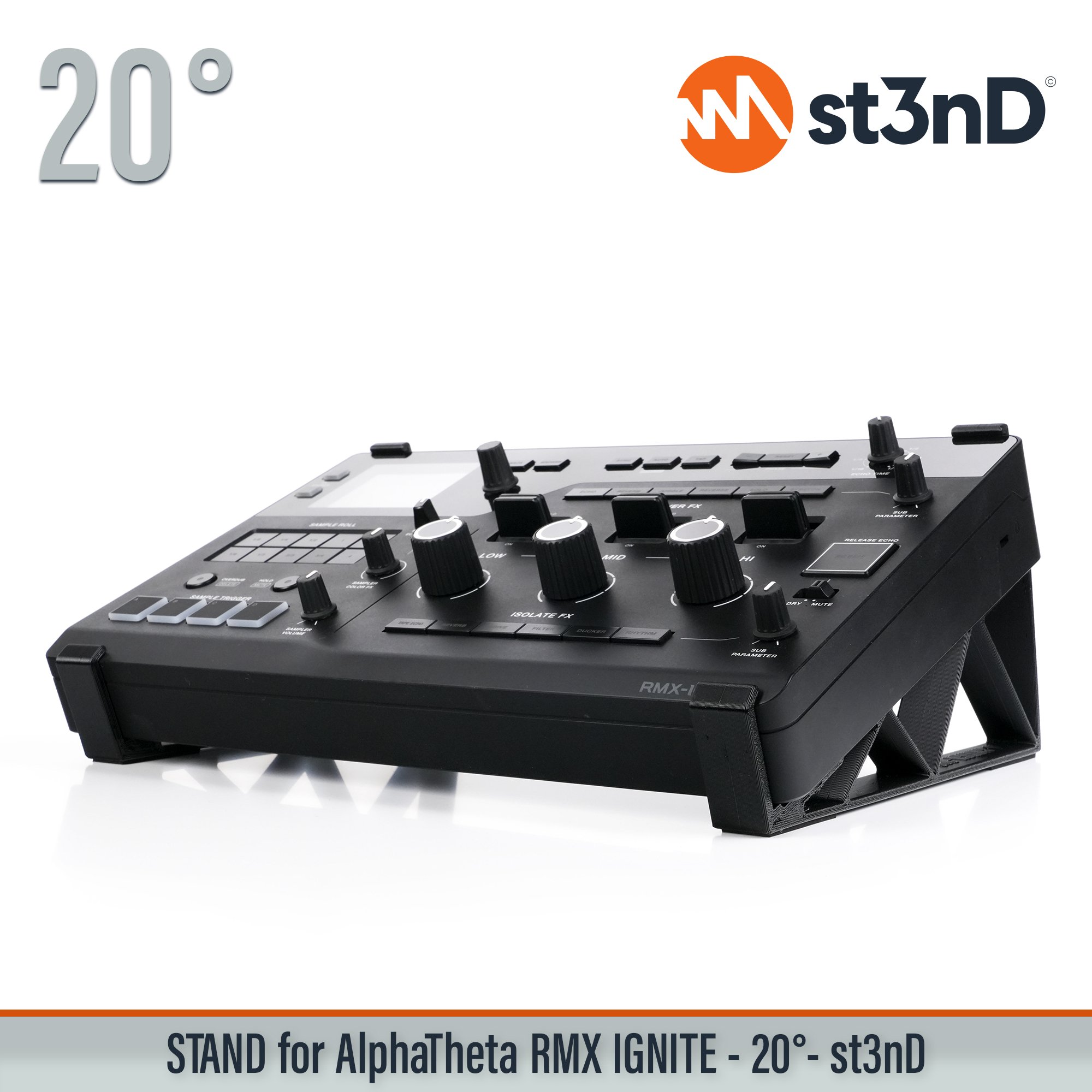 AlphaTheta RMX-IGNITE 20° tilted desktop stand by st3nD, designed for stable and secure positioning of your DJ effector. Strong, sturdy construction with rubber pads helps prevent slipping during intensive use while improving visibility, access and desktop space in your DJ equipment setup.