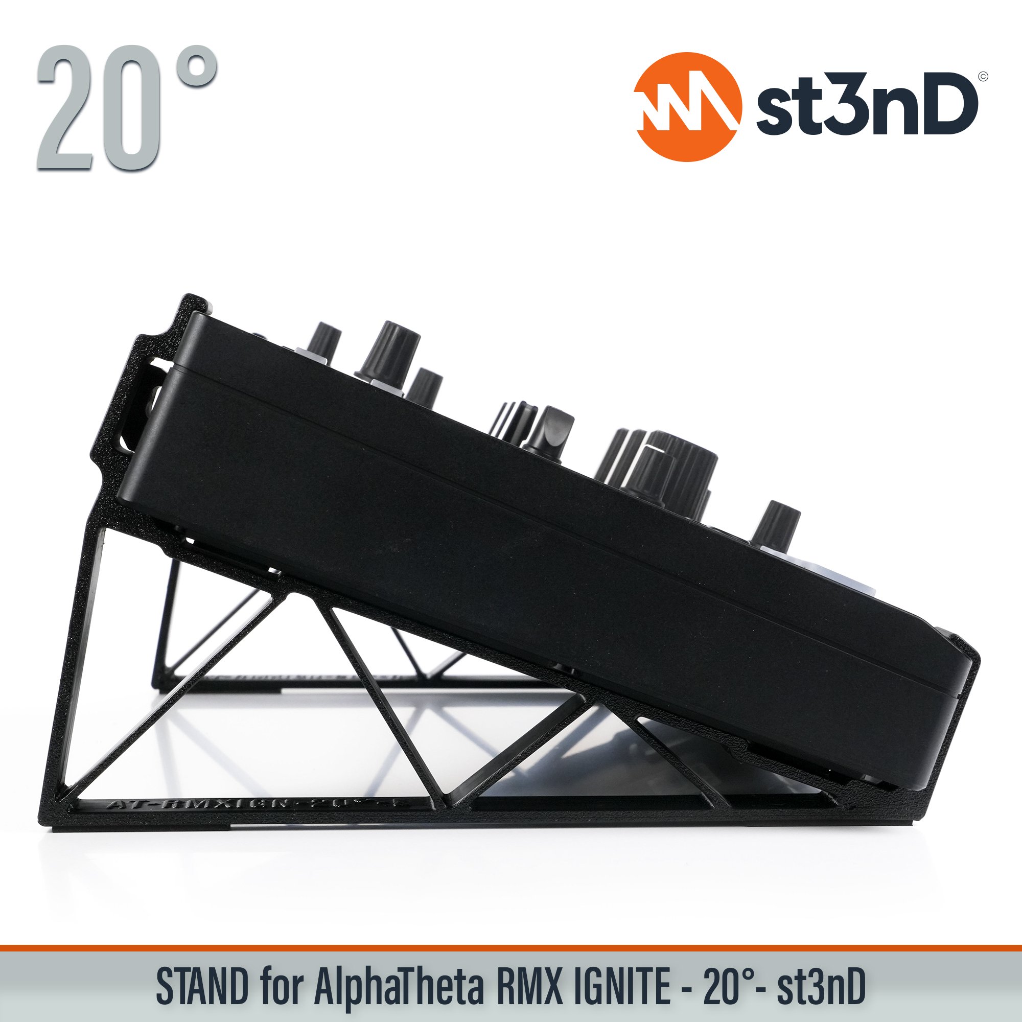 AlphaTheta RMX-IGNITE 20° tilted desktop stand by st3nD, designed for stable and secure positioning of your DJ effector. Strong, sturdy construction with rubber pads helps prevent slipping during intensive use while improving visibility, access and desktop space in your DJ equipment setup.