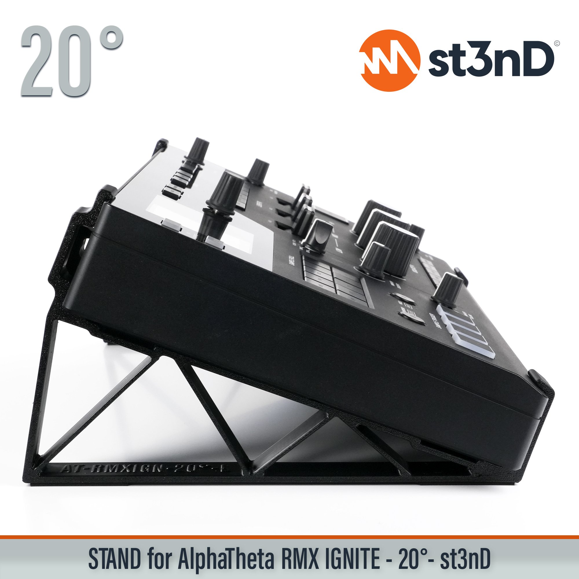 AlphaTheta RMX-IGNITE 20° tilted desktop stand by st3nD, designed for stable and secure positioning of your DJ effector. Strong, sturdy construction with rubber pads helps prevent slipping during intensive use while improving visibility, access and desktop space in your DJ equipment setup.